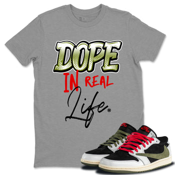 Air Jordan 1 Travis Scott Olive Sneaker Match Tees Dope In Real Life Sneaker Tees Air Jordan 1 Low x Travis Scott x Olive Sneaker Release Tees Unisex Shirts Heather Grey 1