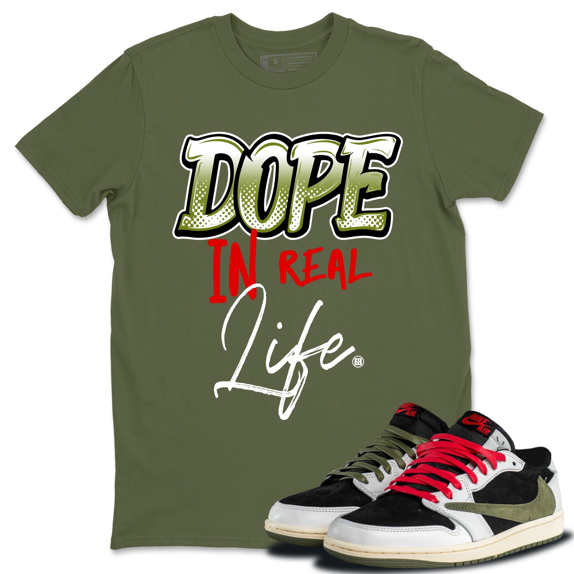 Air Jordan 1 Travis Scott Olive Sneaker Match Tees Dope In Real Life Sneaker Tees Air Jordan 1 Low x Travis Scott x Olive Sneaker Release Tees Unisex Shirts Kelly Green 1