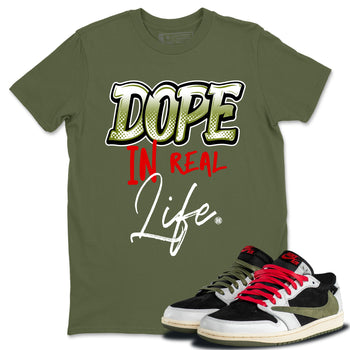 Air Jordan 1 Travis Scott Olive Sneaker Match Tees Dope In Real Life Sneaker Tees Air Jordan 1 Low x Travis Scott x Olive Sneaker Release Tees Unisex Shirts Kelly Green 1