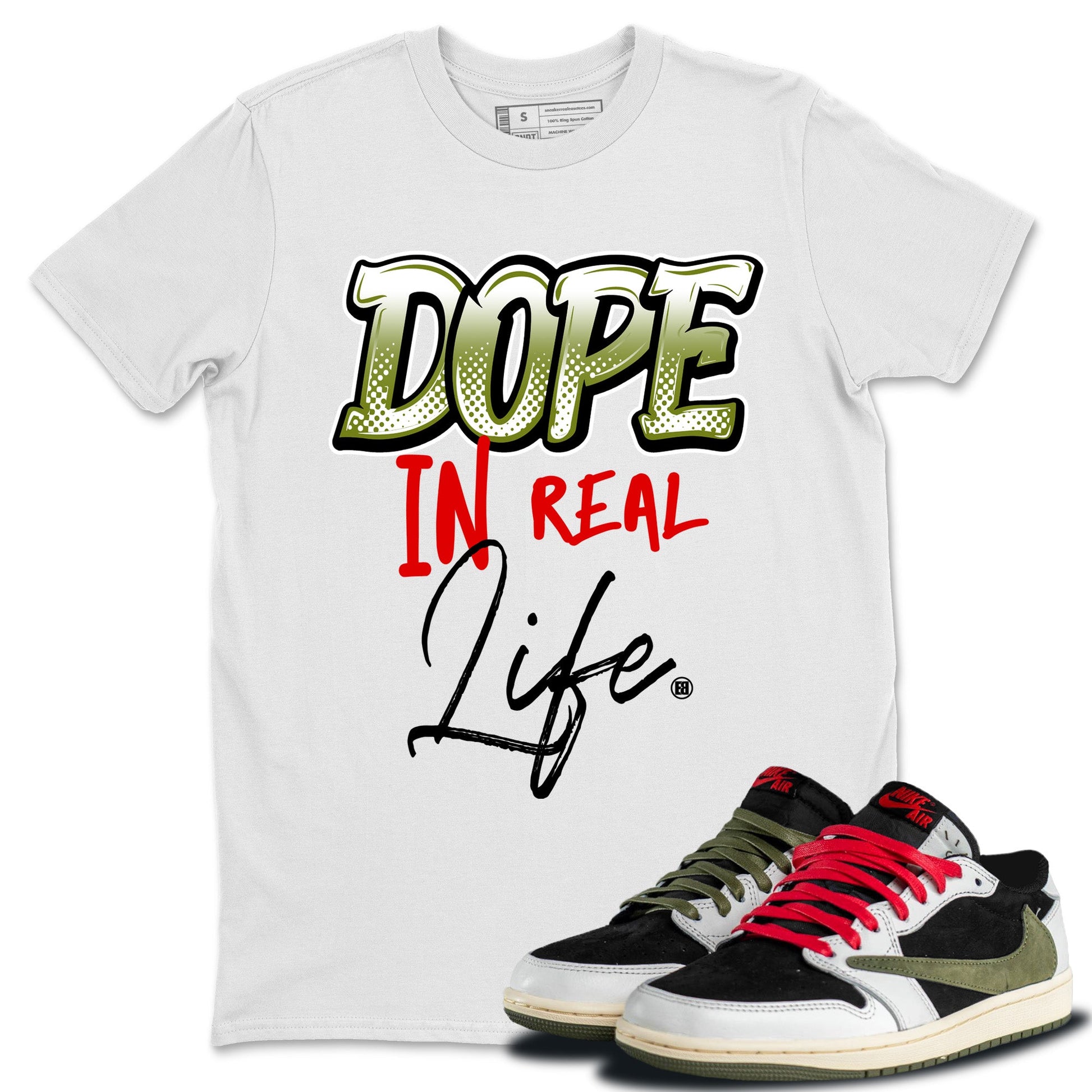 Air Jordan 1 Travis Scott Olive Sneaker Match Tees Dope In Real Life Sneaker Tees Air Jordan 1 Low x Travis Scott x Olive Sneaker Release Tees Unisex Shirts White 1