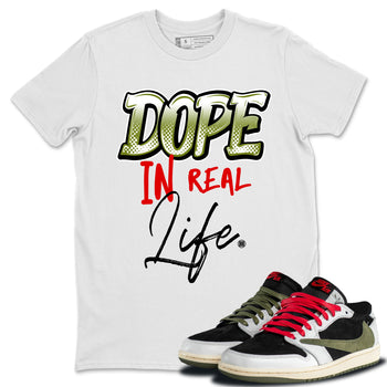 Air Jordan 1 Travis Scott Olive Sneaker Match Tees Dope In Real Life Sneaker Tees Air Jordan 1 Low x Travis Scott x Olive Sneaker Release Tees Unisex Shirts White 1