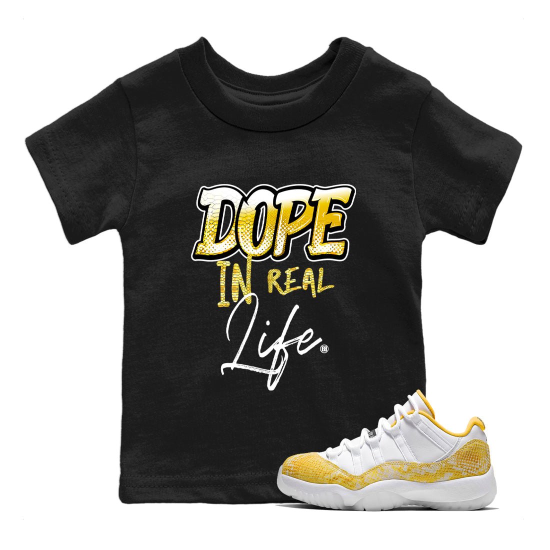 Air Jordan 11 Yellow Python Sneaker Match Tees Dope In Real Life Sneaker Tees Air Jordan 11 Yellow Snakeskin Sneaker Release Tees Kids Shirts Black 1