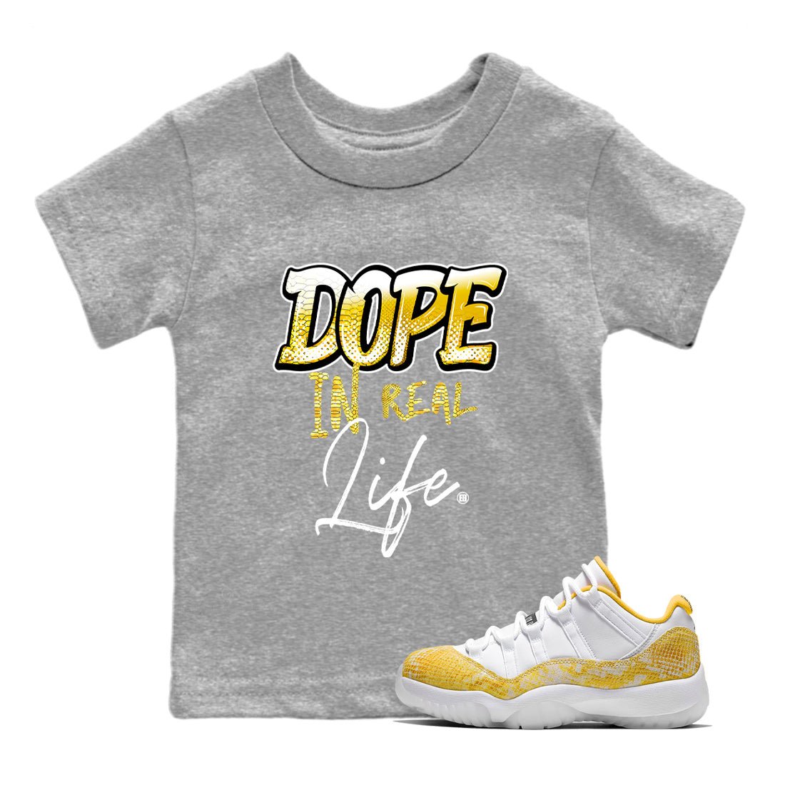Air Jordan 11 Yellow Python Sneaker Match Tees Dope In Real Life Sneaker Tees Air Jordan 11 Yellow Snakeskin Sneaker Release Tees Kids Shirts Heather Grey 1