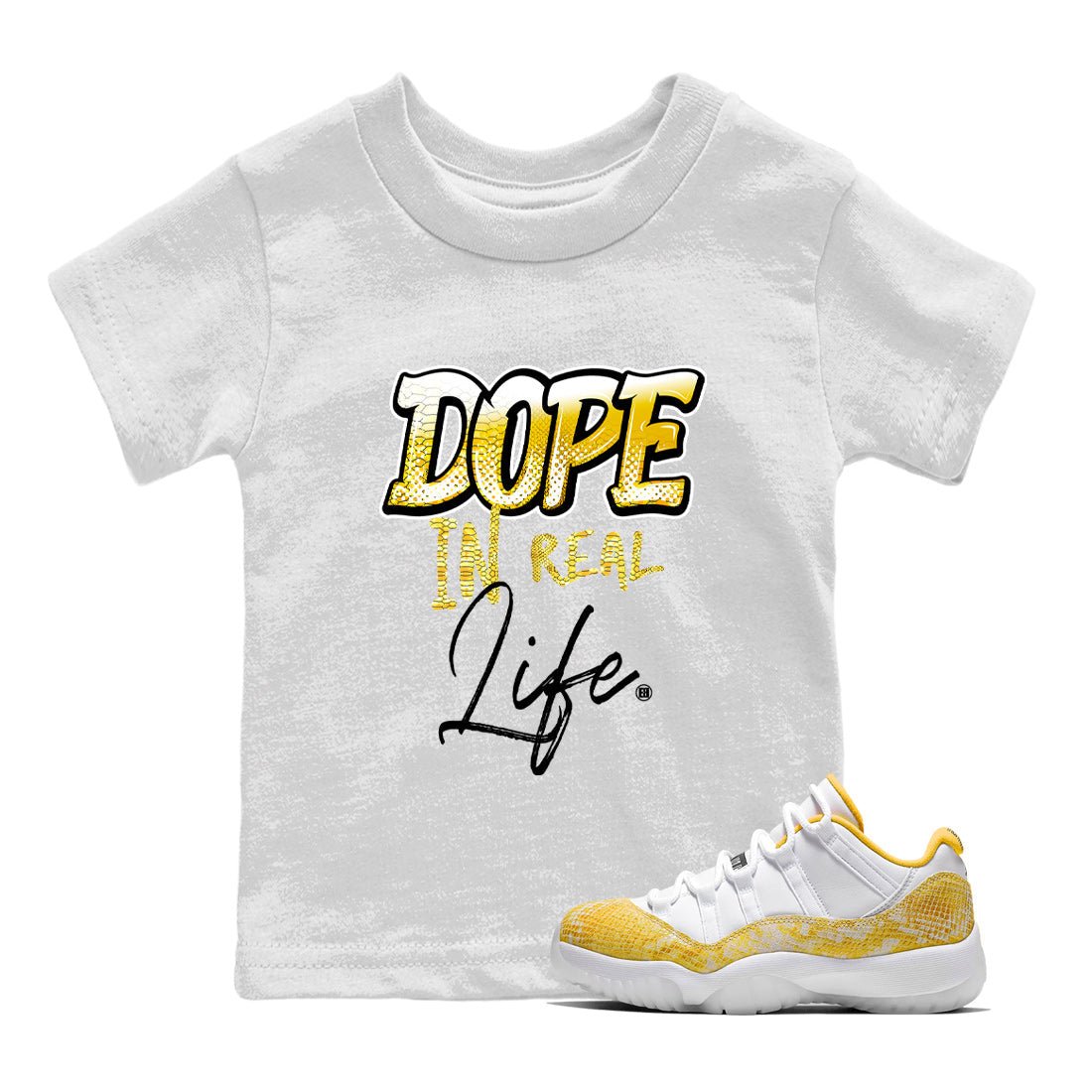 Air Jordan 11 Yellow Python Sneaker Match Tees Dope In Real Life Sneaker Tees Air Jordan 11 Yellow Snakeskin Sneaker Release Tees Kids Shirts White 1