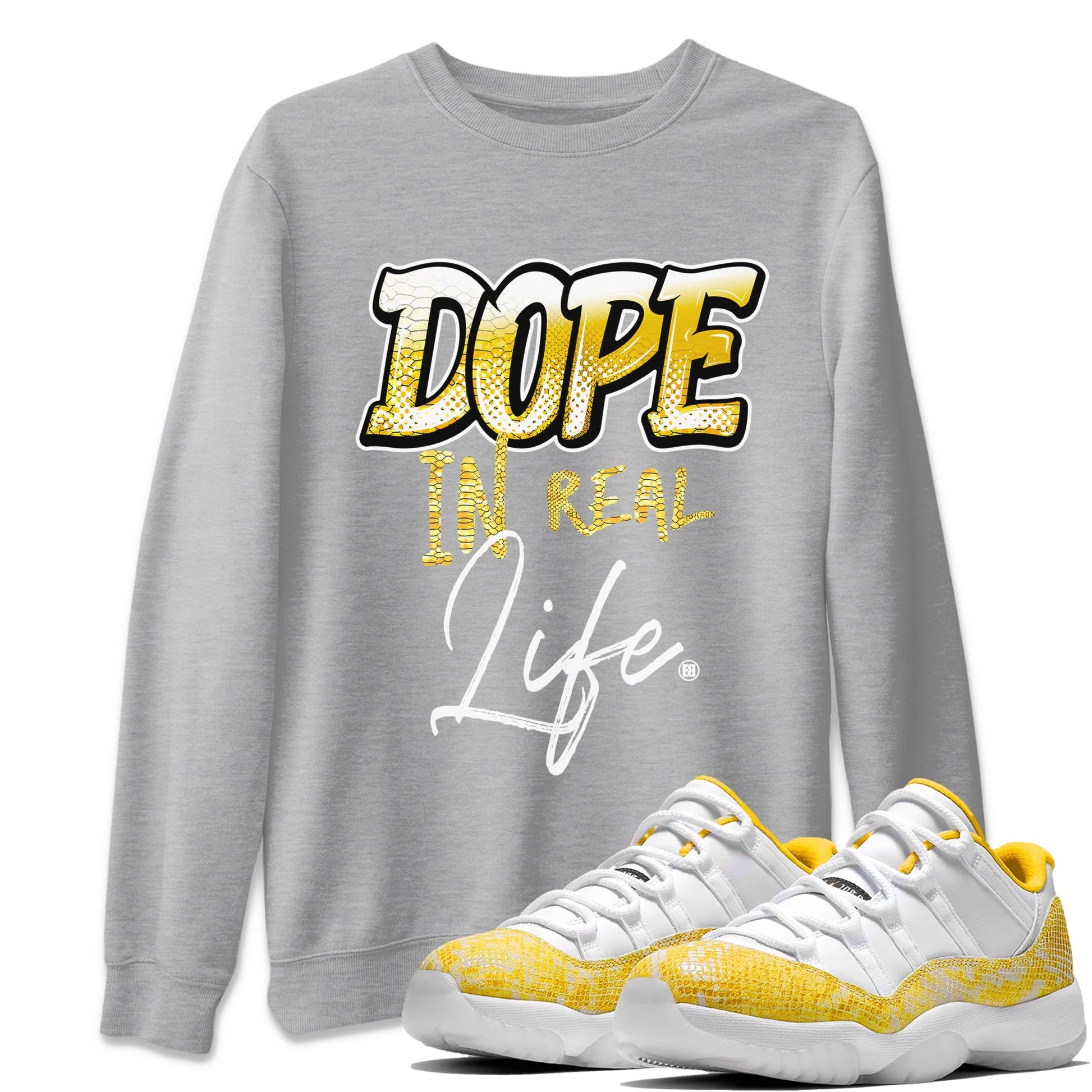 Air Jordan 11 Yellow Python Sneaker Match Tees Dope In Real Life Sneaker Tees Air Jordan 11 Yellow Snakeskin Sneaker Release Tees Unisex Shirts Heather Grey 1
