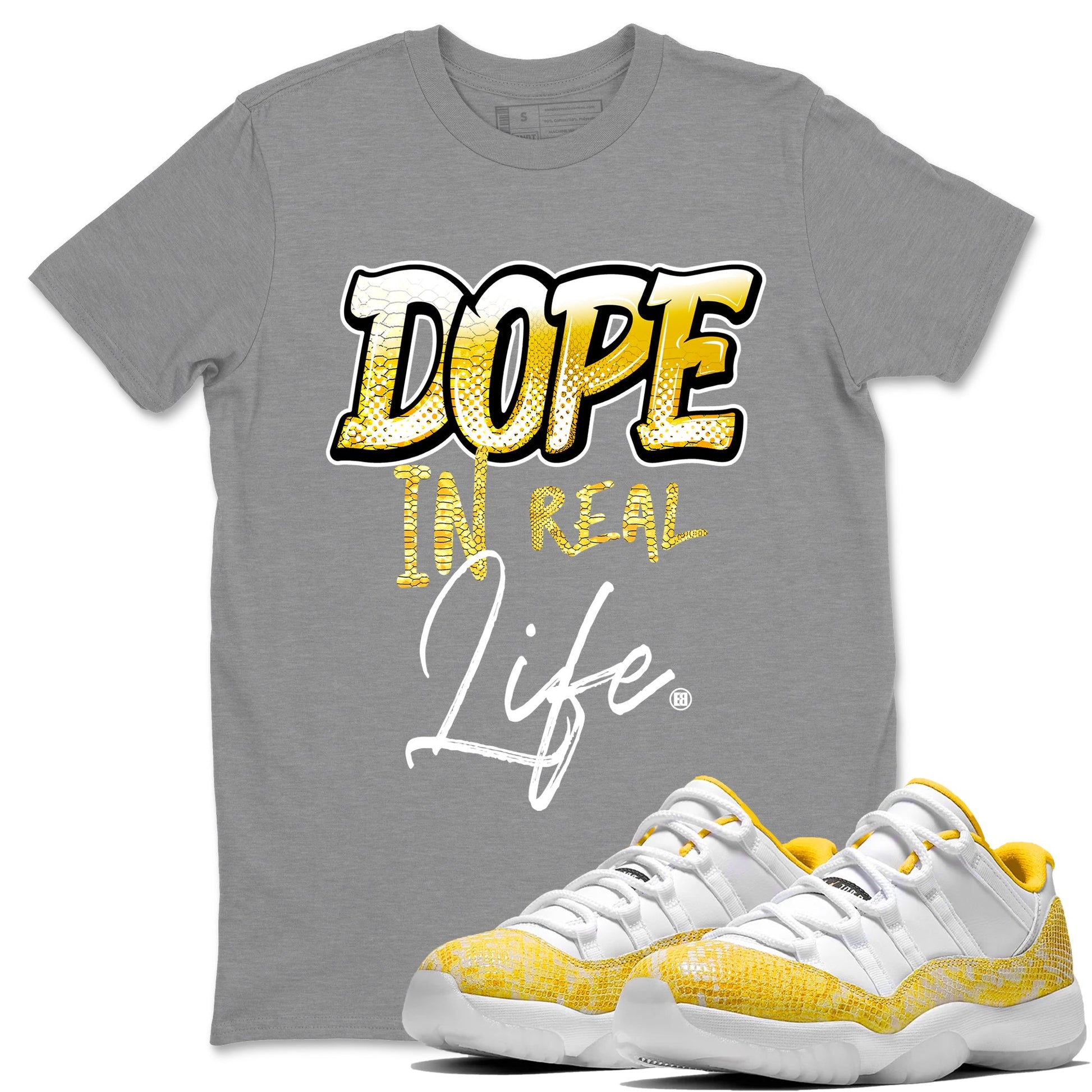 Air Jordan 11 Yellow Python Sneaker Match Tees Dope In Real Life Sneaker Tees Air Jordan 11 Yellow Snakeskin Sneaker Release Tees Unisex Shirts Heather Grey 1