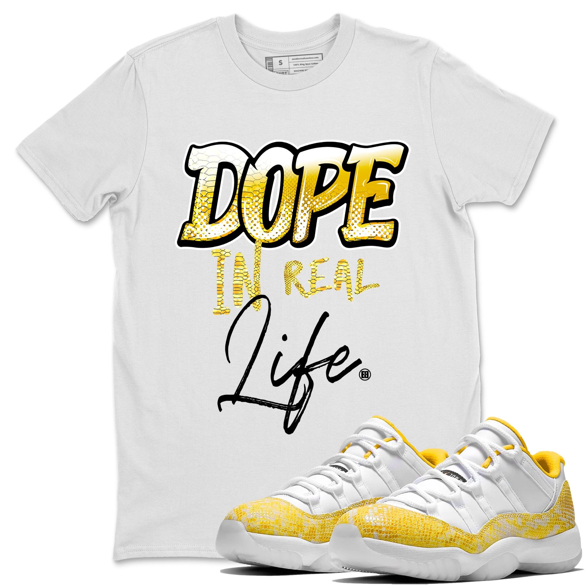 Air Jordan 11 Yellow Python Sneaker Match Tees Dope In Real Life Sneaker Tees Air Jordan 11 Yellow Snakeskin Sneaker Release Tees Unisex Shirts White 1