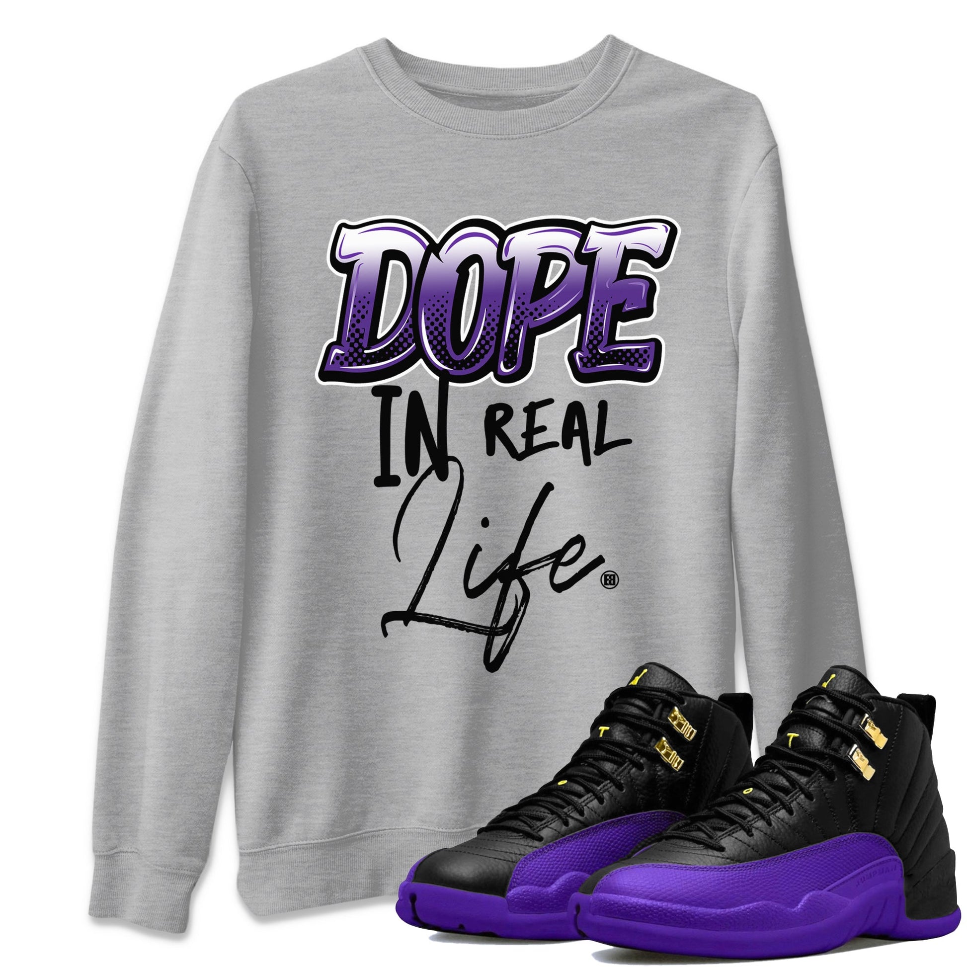 Air Jordan 12 Field Purple Sneaker Match Tees Dope In Real Life Sneaker Tees AJ12 Field Purple SNRT Sneaker Release Tees Unisex Shirts Heather Grey 1