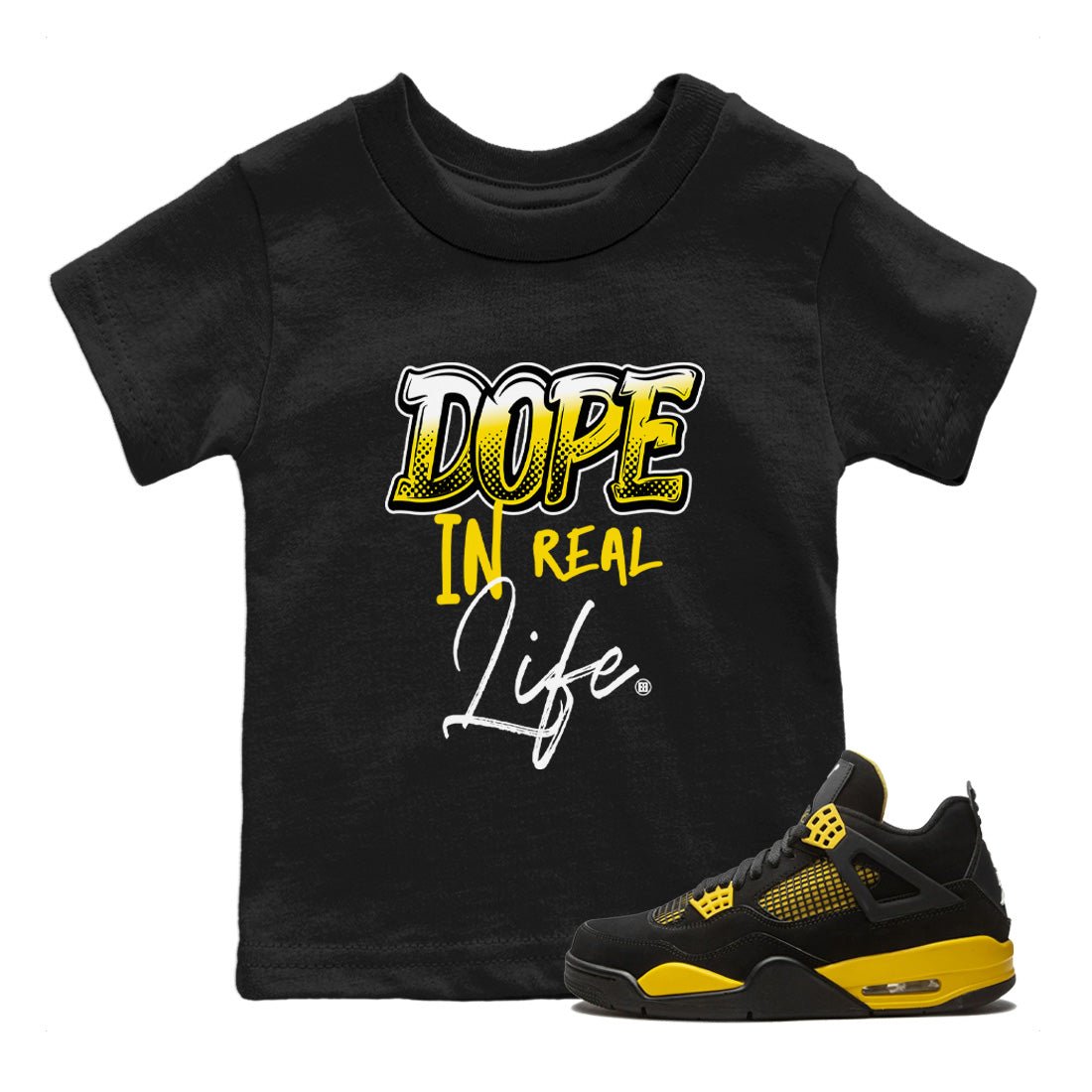 Air Jordan 4 Thunder Sneaker Match Tees Dope In Real Life Sneaker Tees Air Jordan 4 Retro Thunder Sneaker Release Tees Kids Shirts Black 1