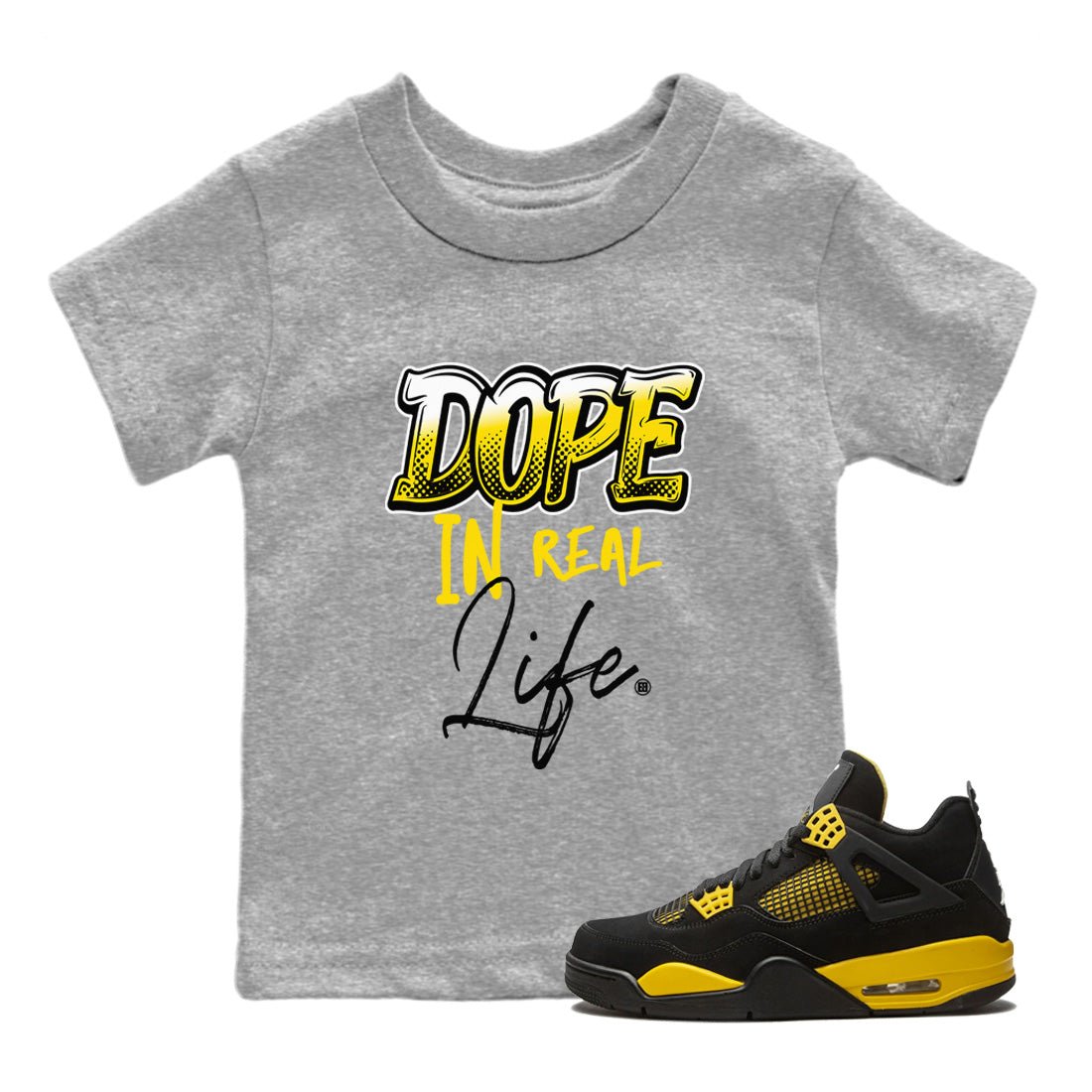 Air Jordan 4 Thunder Sneaker Match Tees Dope In Real Life Sneaker Tees Air Jordan 4 Retro Thunder Sneaker Release Tees Kids Shirts Heather Grey 1