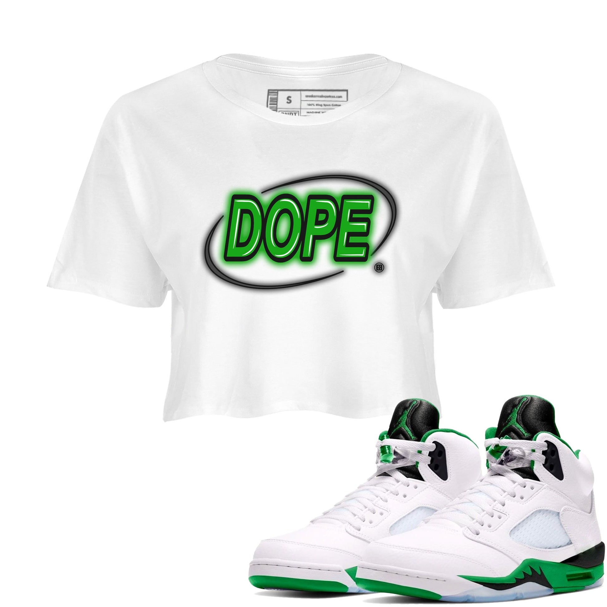 AJ5 Retro Lucky Green shirt to match jordans Dope Neon Sign sneaker tees Air Jordan 5 Lucky Green SNRT Sneaker Tees White 1 Crop T-Shirt