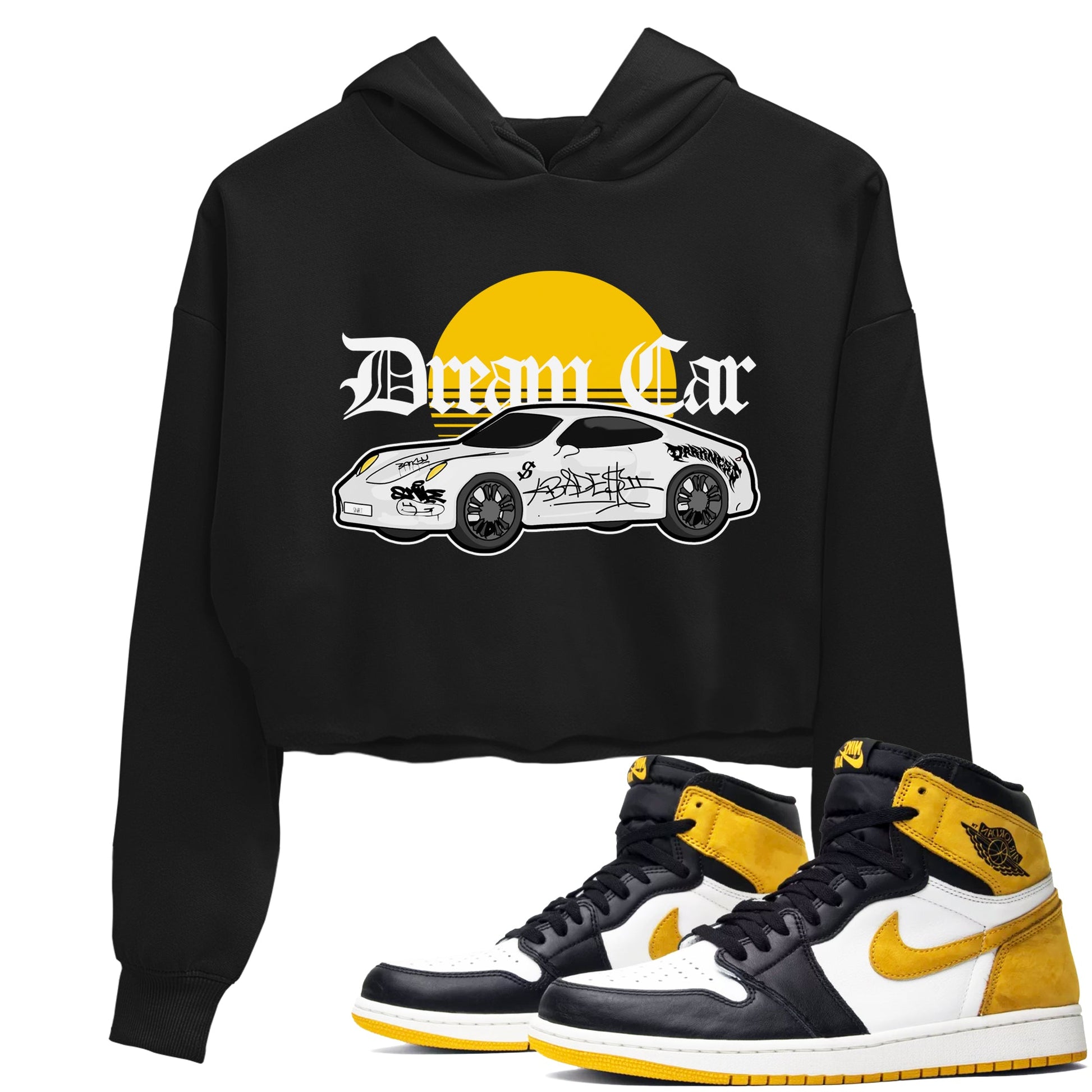 Air Jordan 1 Yellow Ochre shirt to match jordans Dream Car sneaker tees AJ1 Yellow Ochre SNRT Sneaker Release Tees Black 1 crop length shirt