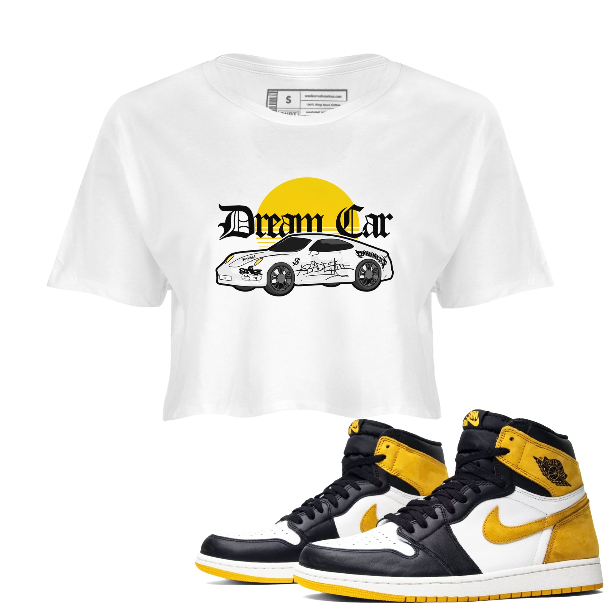 Air Jordan 1 Yellow Ochre shirt to match jordans Dream Car sneaker tees AJ1 Yellow Ochre SNRT Sneaker Release Tees White 1 crop length shirt