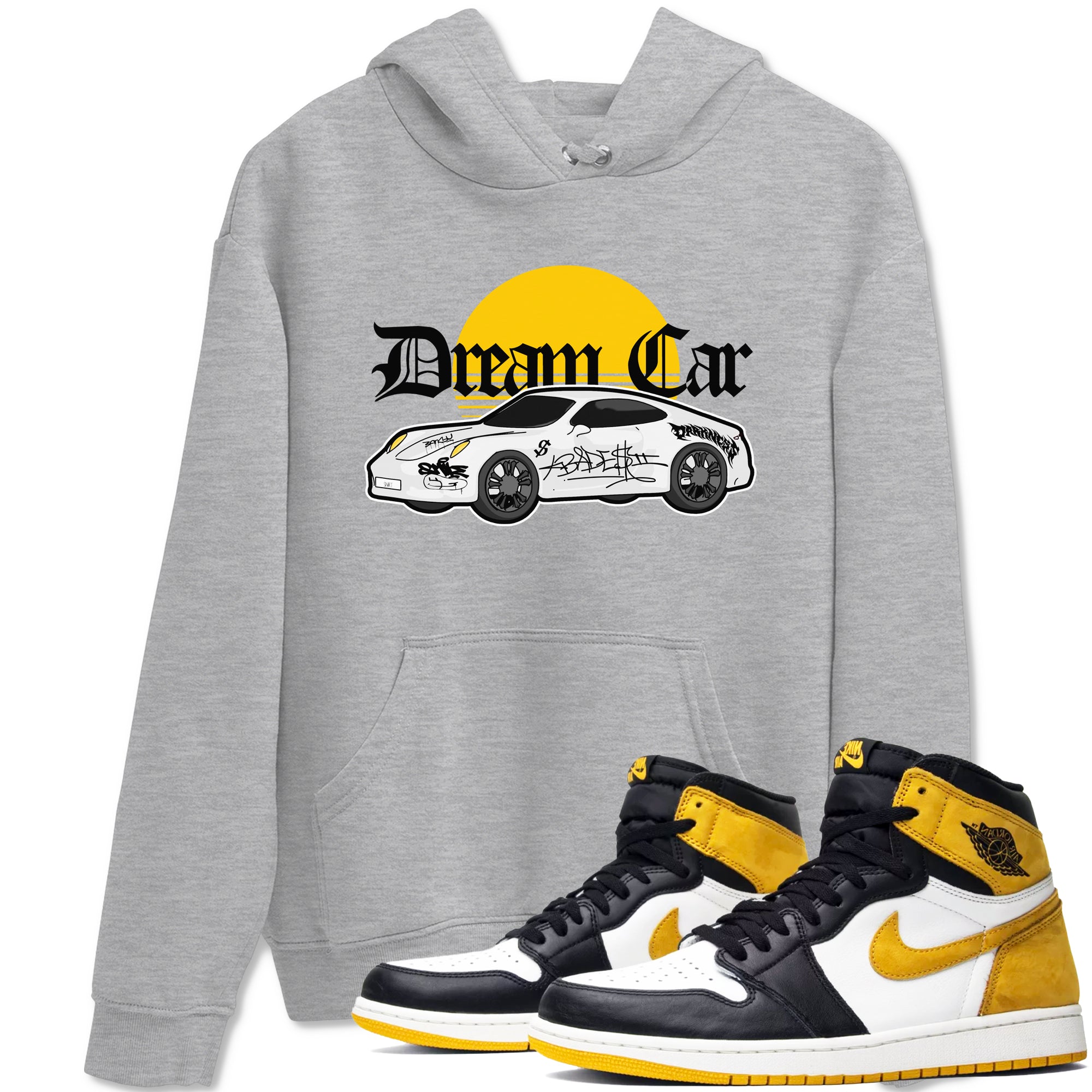 Air Jordan 1 Yellow Ochre shirt to match jordans Dream Car sneaker tees AJ1 Yellow Ochre SNRT Sneaker Release Tees unisex cotton Heather Grey 1 crew neck shirt