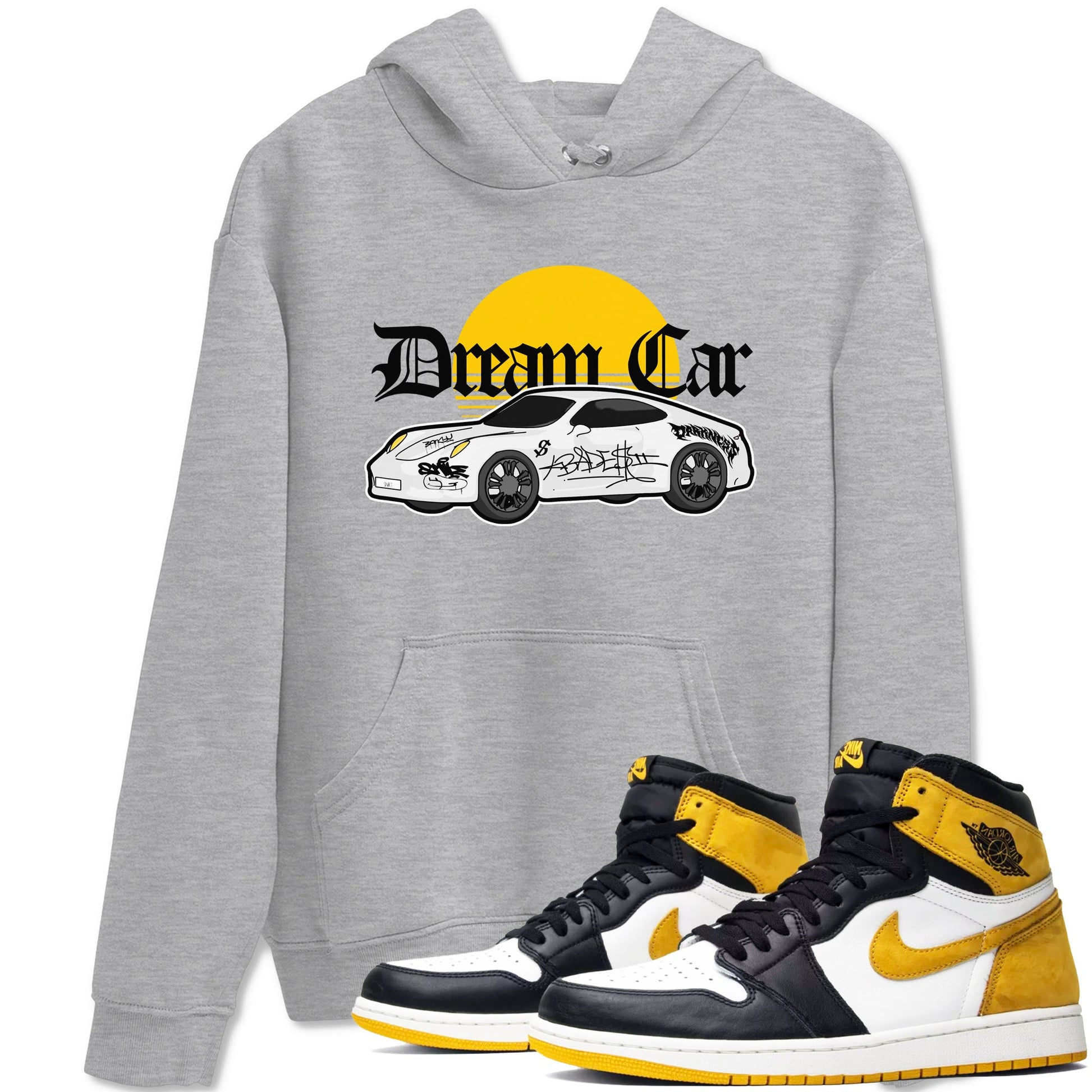 Air Jordan 1 Yellow Ochre shirt to match jordans Dream Car sneaker tees AJ1 Yellow Ochre SNRT Sneaker Release Tees unisex cotton Heather Grey 1 crew neck shirt