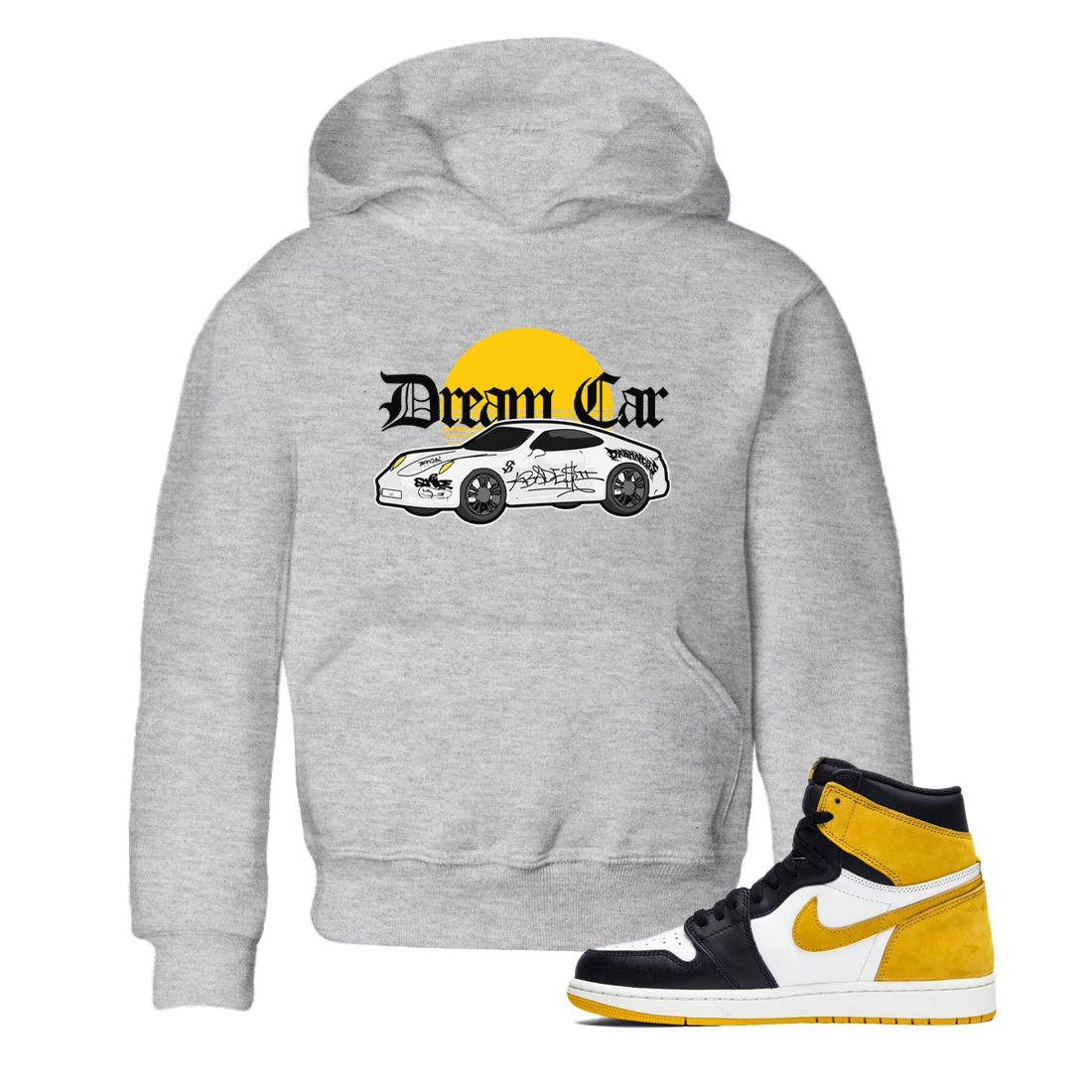 Air Jordan 1 Yellow Ochre shirt to match jordans Dream Car sneaker tees AJ1 Yellow Ochre SNRT sneaker release tees baby toddler Heather Grey 1 cotton Shirt