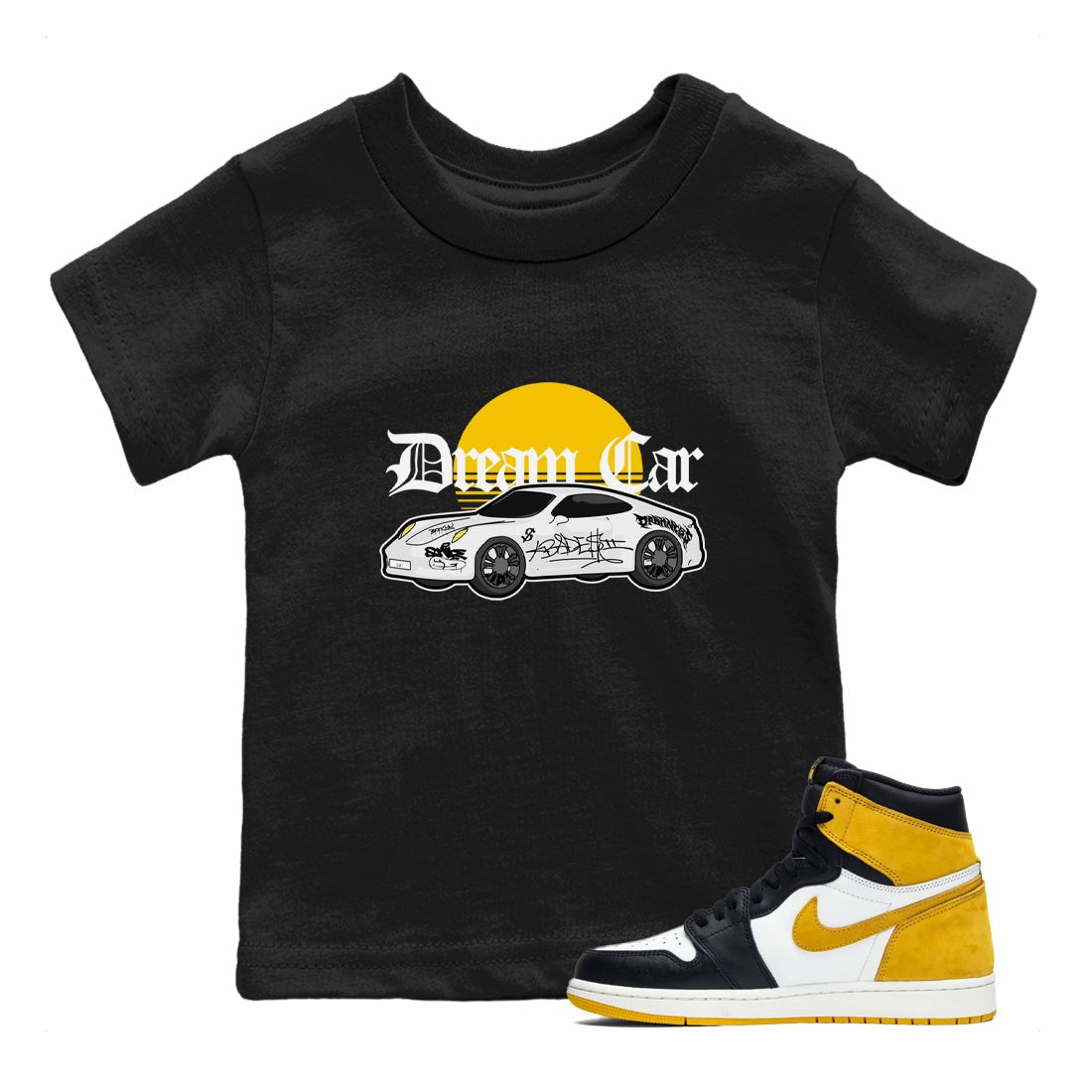 Air Jordan 1 Yellow Ochre shirt to match jordans Dream Car sneaker tees AJ1 Yellow Ochre SNRT sneaker release tees baby toddler Black 1 cotton Shirt