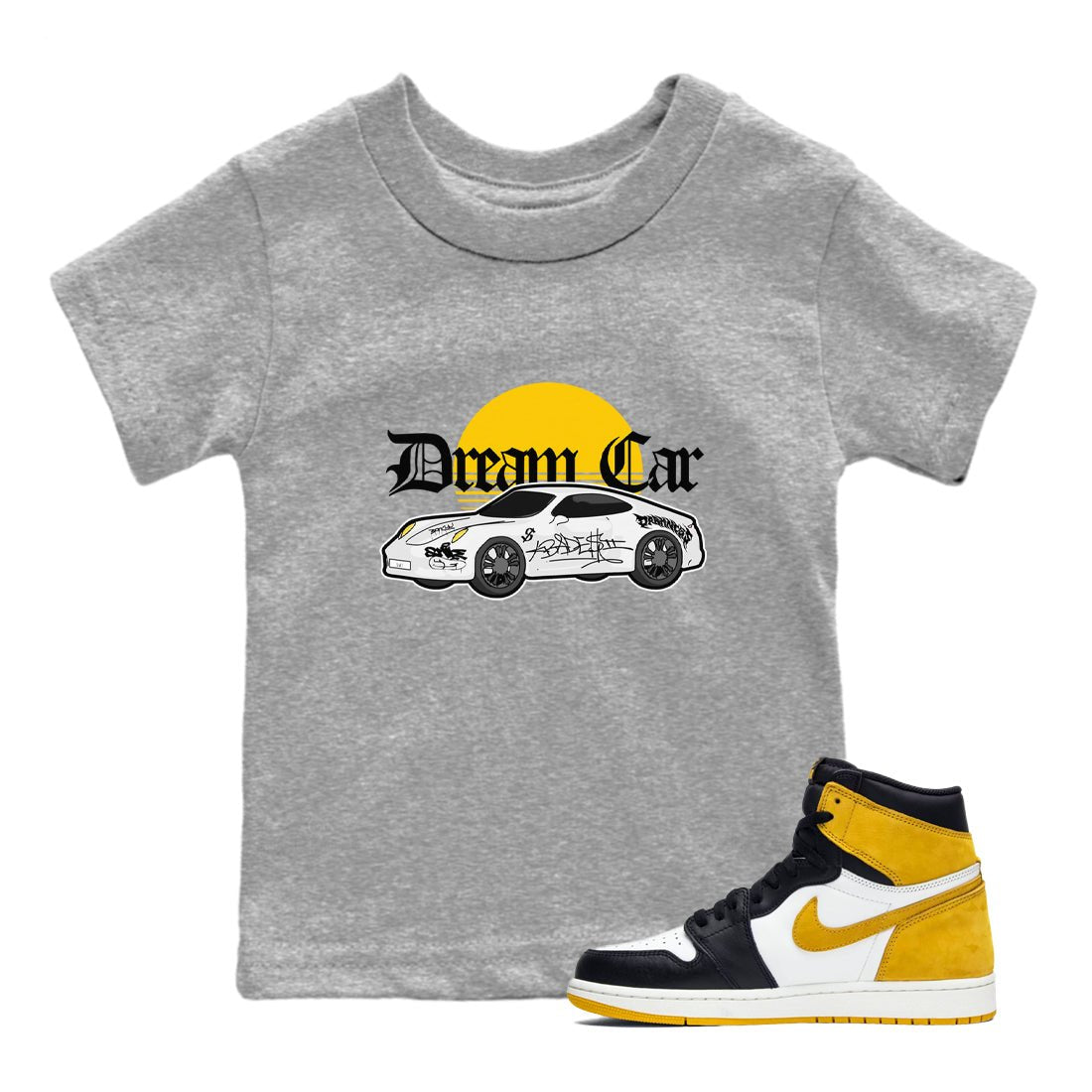 Air Jordan 1 Yellow Ochre shirt to match jordans Dream Car sneaker tees AJ1 Yellow Ochre SNRT sneaker release tees baby toddler Heather Grey 1 cotton Shirt