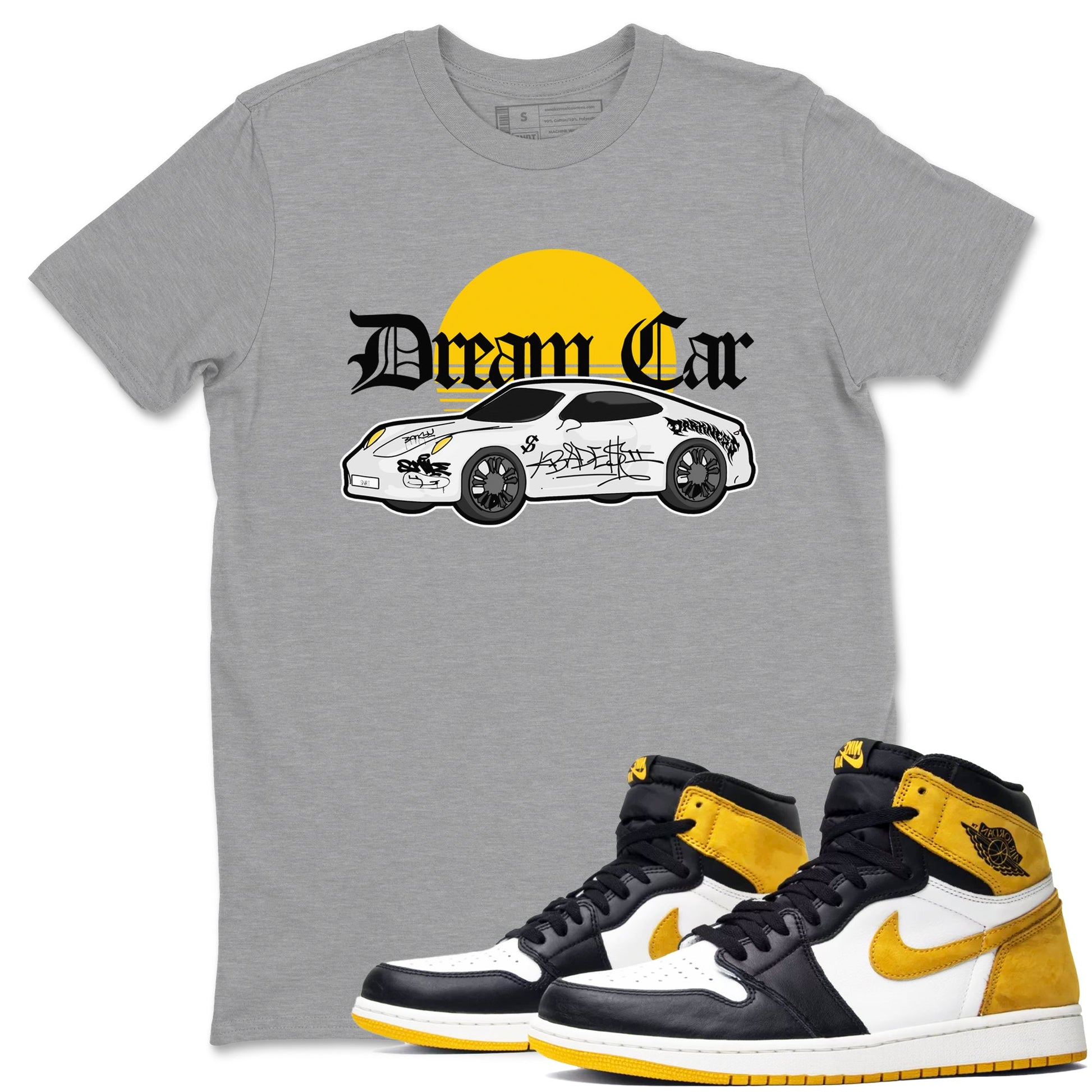 Air Jordan 1 Yellow Ochre shirt to match jordans Dream Car sneaker tees AJ1 Yellow Ochre SNRT Sneaker Release Tees unisex cotton Heather Grey 1 crew neck shirt