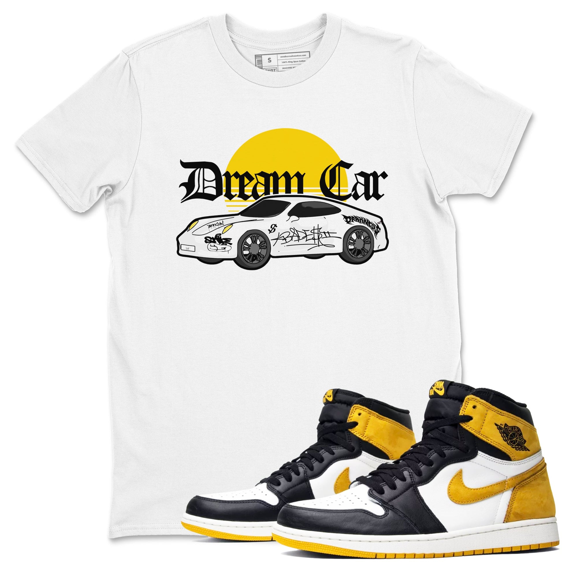 Air Jordan 1 Yellow Ochre shirt to match jordans Dream Car sneaker tees AJ1 Yellow Ochre SNRT Sneaker Release Tees unisex cotton White 1 crew neck shirt