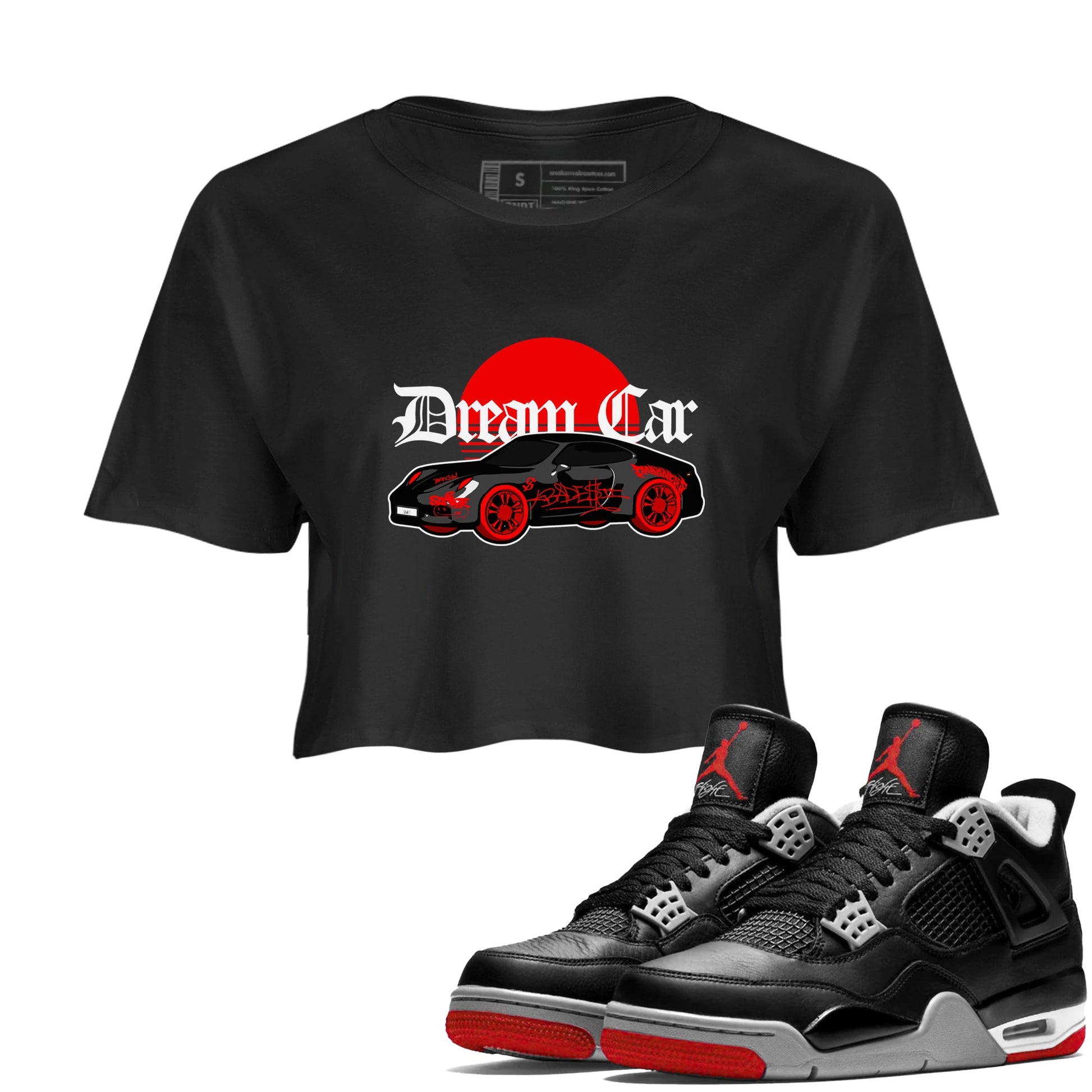 Air Jordan 4 Bred Reimagined shirt to match jordans Dream Car sneaker tees AJ4 Bred Reimagined SNRT Sneaker Release Tees Black 1 crop length shirt