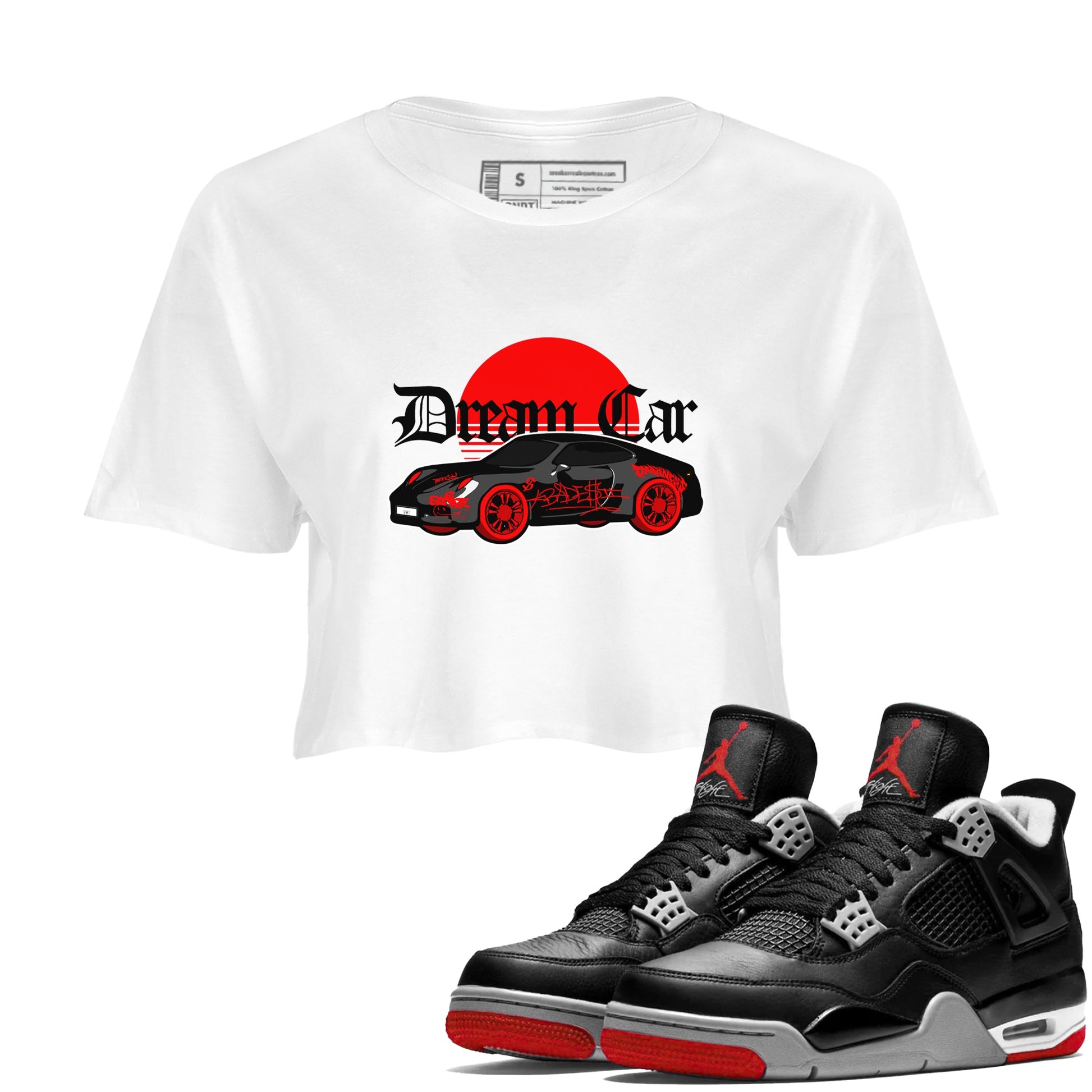 Air Jordan 4 Bred Reimagined shirt to match jordans Dream Car sneaker tees AJ4 Bred Reimagined SNRT Sneaker Release Tees White 1 crop length shirt