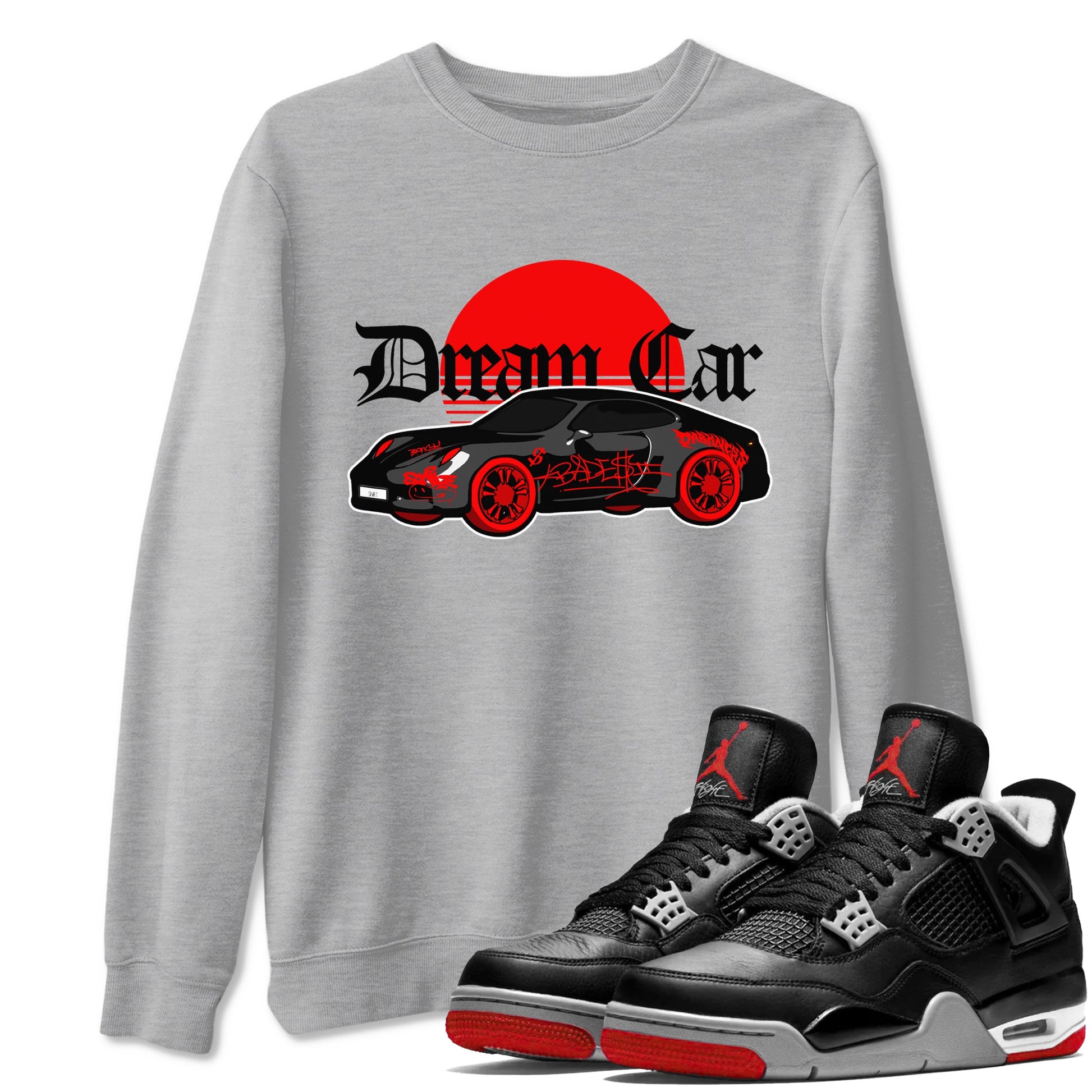 Air Jordan 4 Bred Reimagined shirt to match jordans Dream Car sneaker tees AJ4 Bred Reimagined SNRT Sneaker Release Tees unisex cotton Heather Grey 1 crew neck shirt