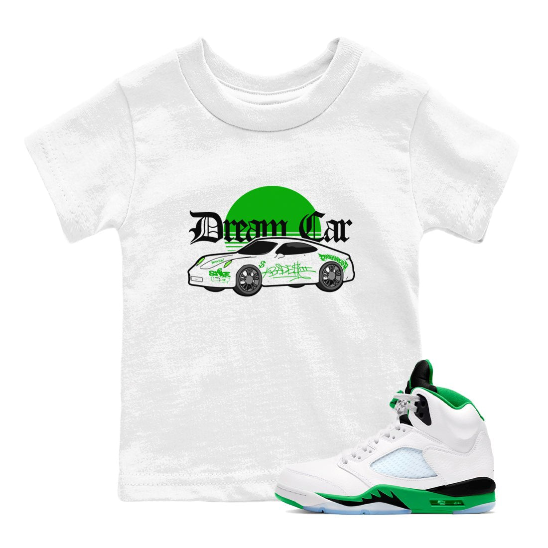 Air Jordan 5 Lucky Green shirt to match jordans Dream Car sneaker tees AJ5 Lucky Green SNRT sneaker release tees baby toddler White 1 cotton Shirt
