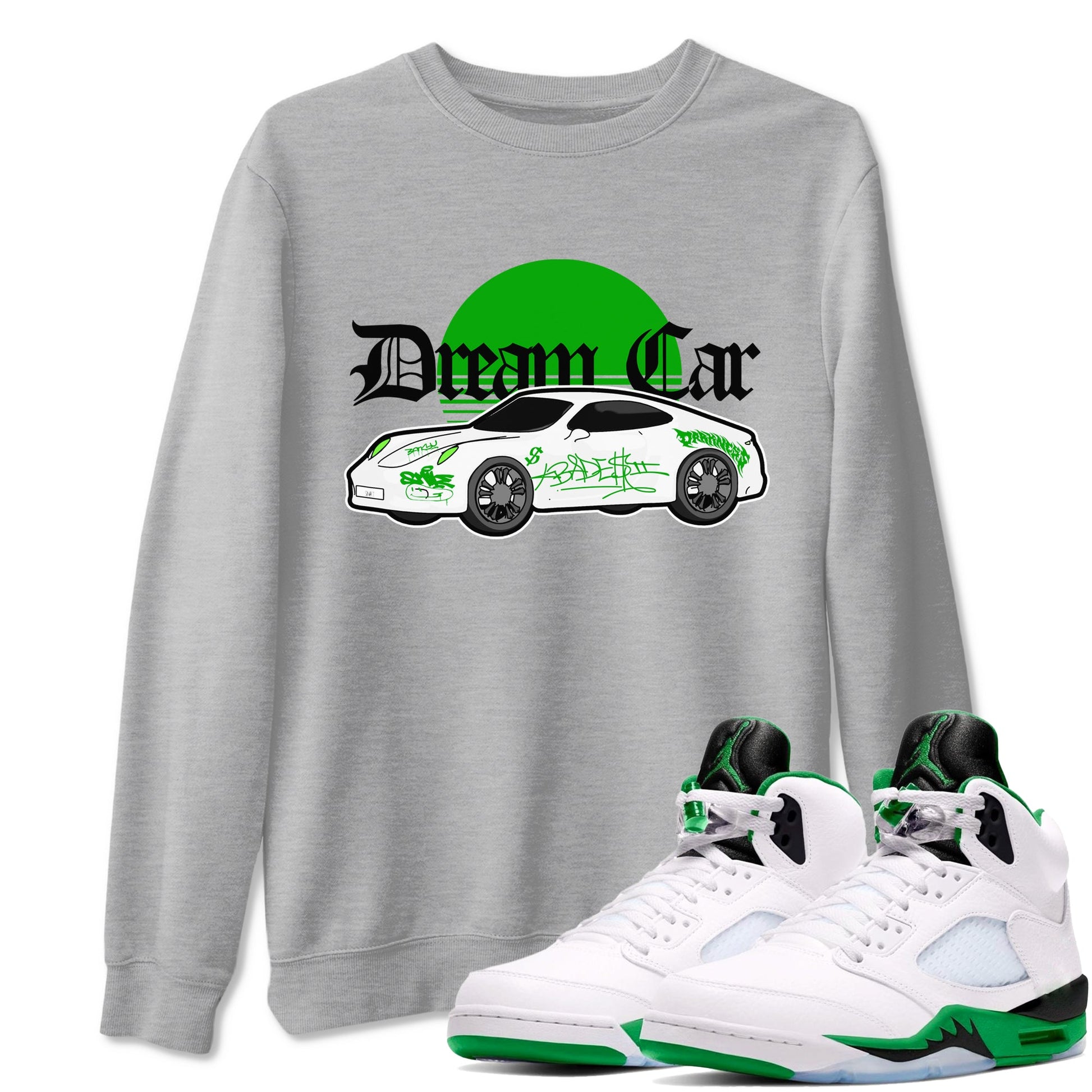Air Jordan 5 Lucky Green shirt to match jordans Dream Car sneaker tees AJ5 Lucky Green SNRT Sneaker Release Tees unisex cotton Heather Grey 1 crew neck shirt
