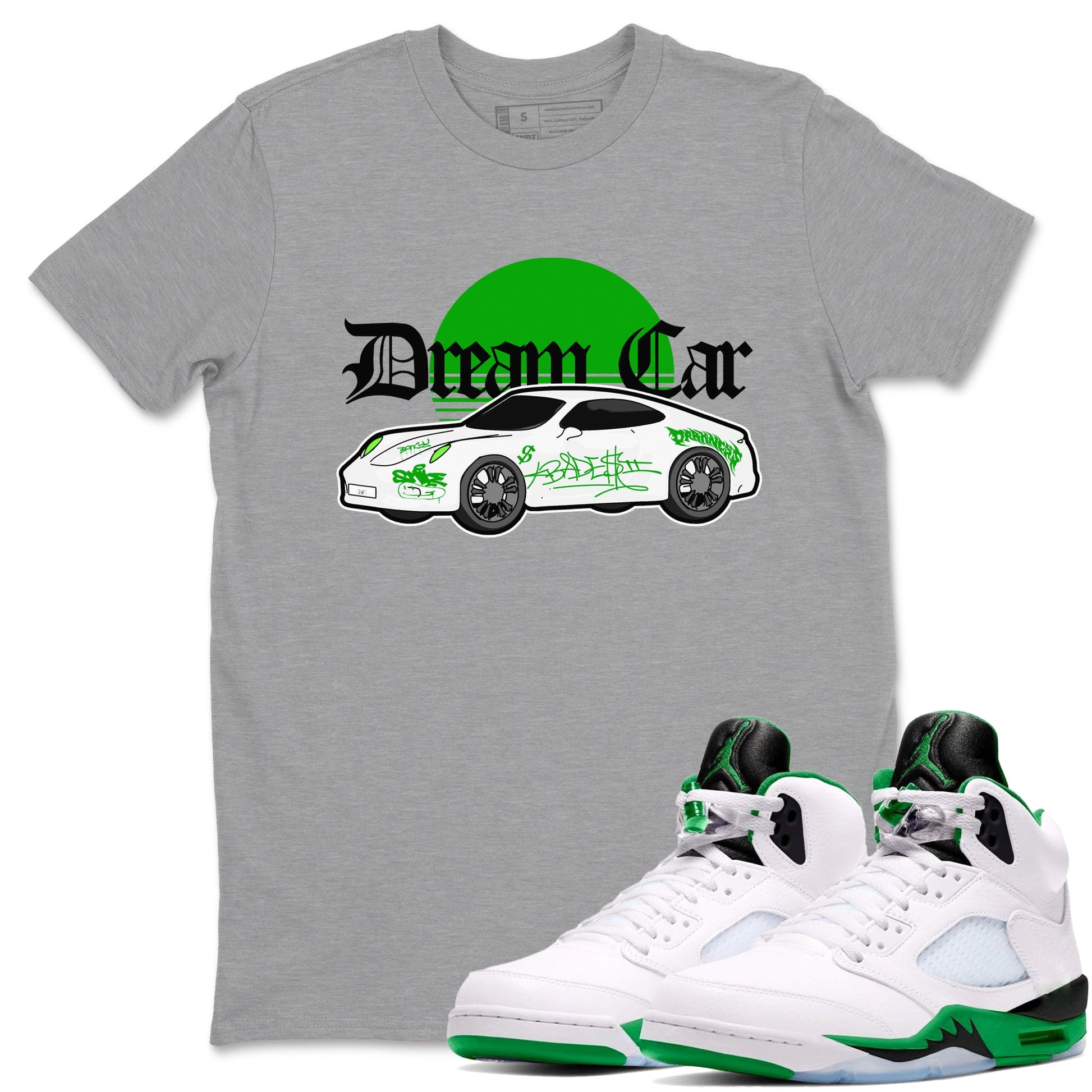 Air Jordan 5 Lucky Green shirt to match jordans Dream Car sneaker tees AJ5 Lucky Green SNRT Sneaker Release Tees unisex cotton Heather Grey 1 crew neck shirt