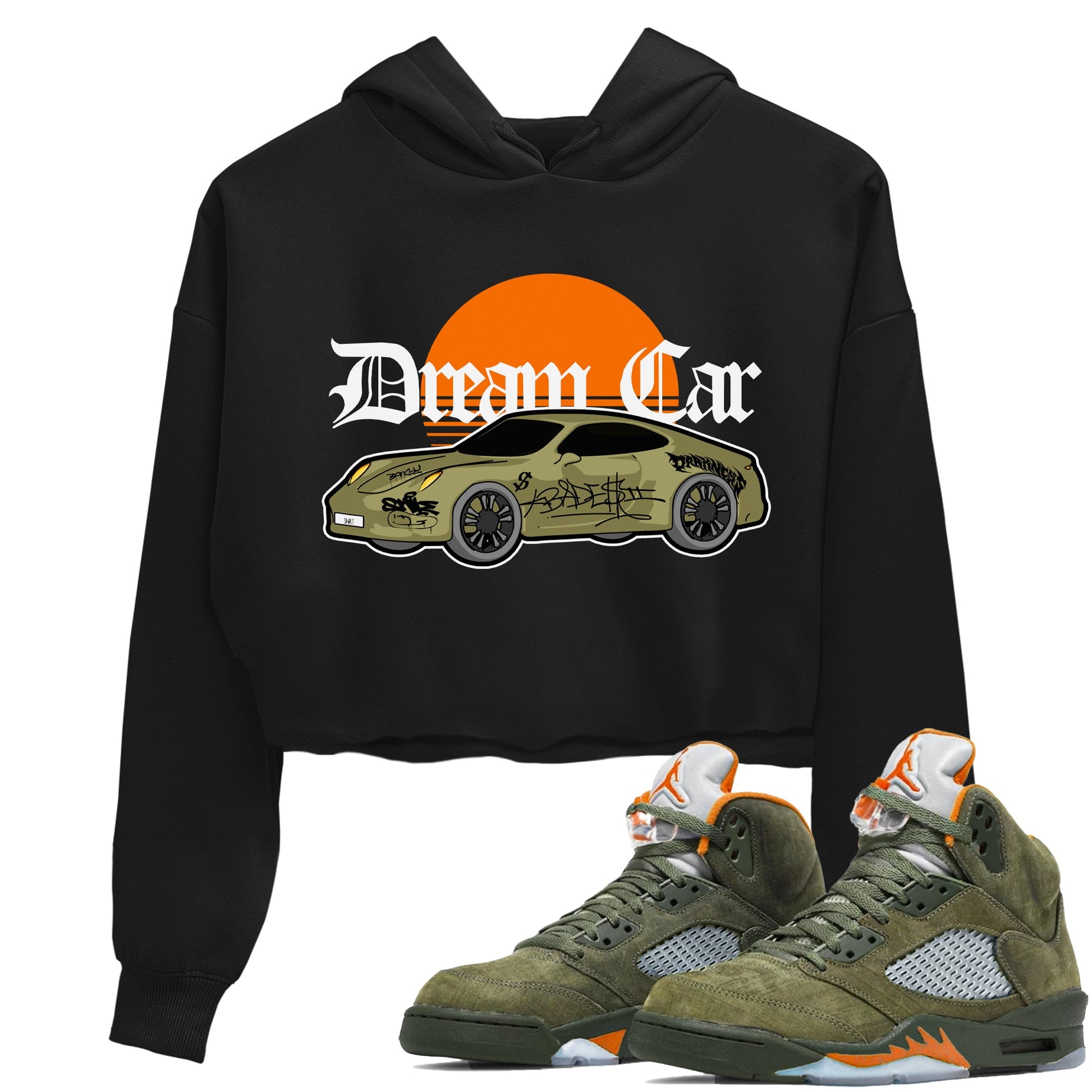 Air Jordan 5 Olive shirt to match jordans Dream Car sneaker tees AJ5 Olive SNRT Sneaker Release Tees Black 1 crop length shirt