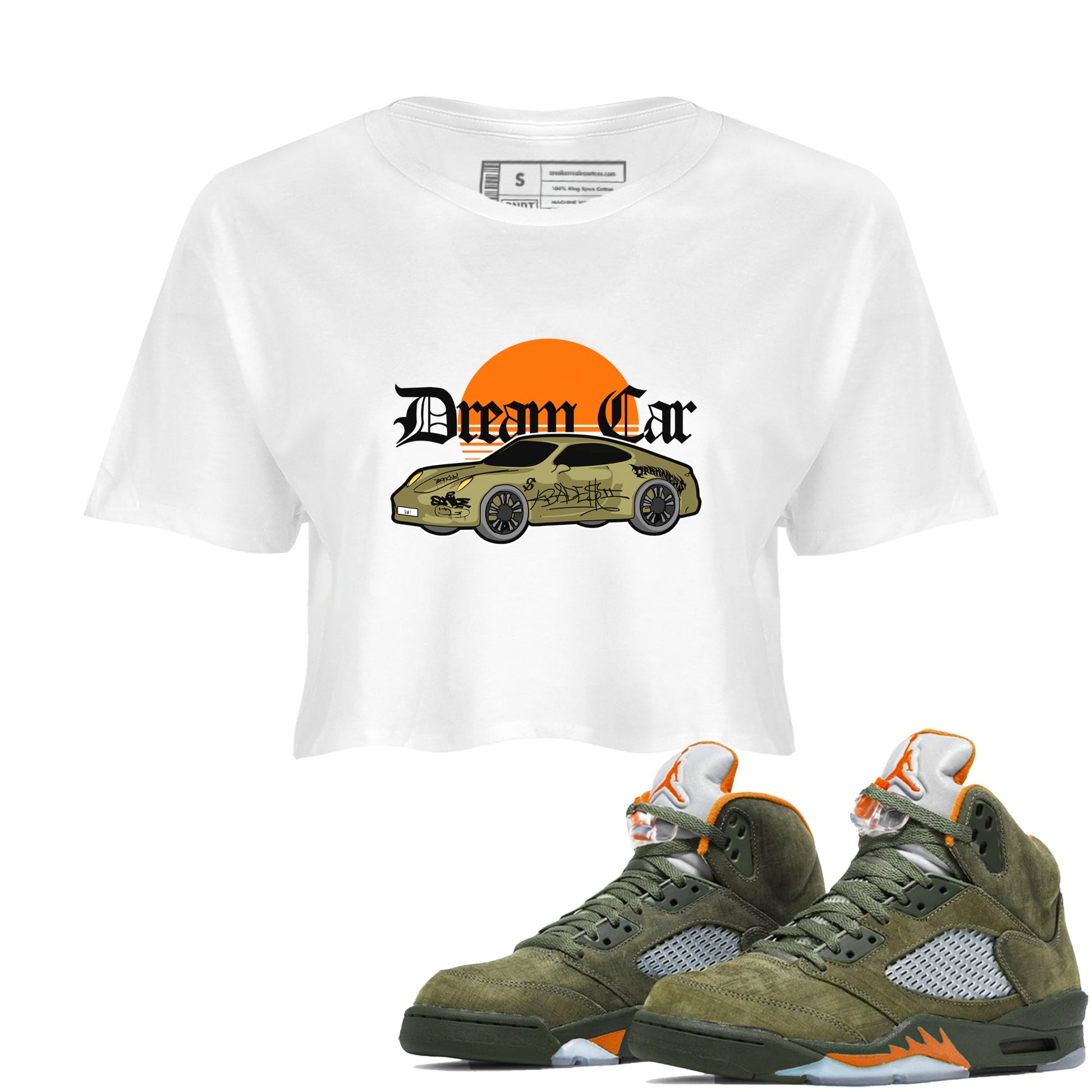 Air Jordan 5 Olive shirt to match jordans Dream Car sneaker tees AJ5 Olive SNRT Sneaker Release Tees White 1 crop length shirt