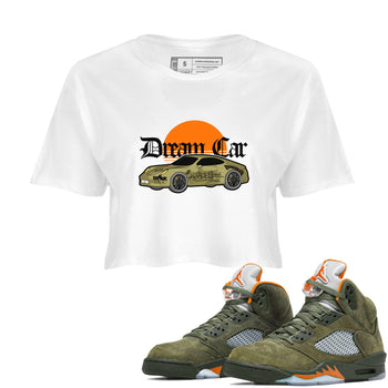 Air Jordan 5 Olive shirt to match jordans Dream Car sneaker tees AJ5 Olive SNRT Sneaker Release Tees White 1 crop length shirt