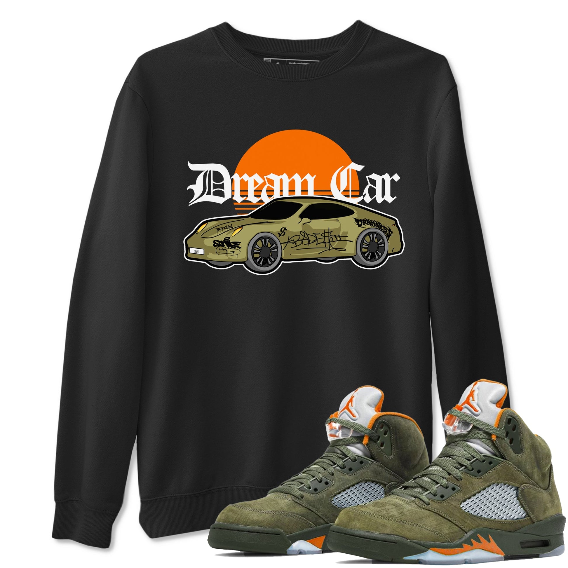 Air Jordan 5 Olive shirt to match jordans Dream Car sneaker tees AJ5 Olive SNRT Sneaker Release Tees unisex cotton Black 1 crew neck shirt