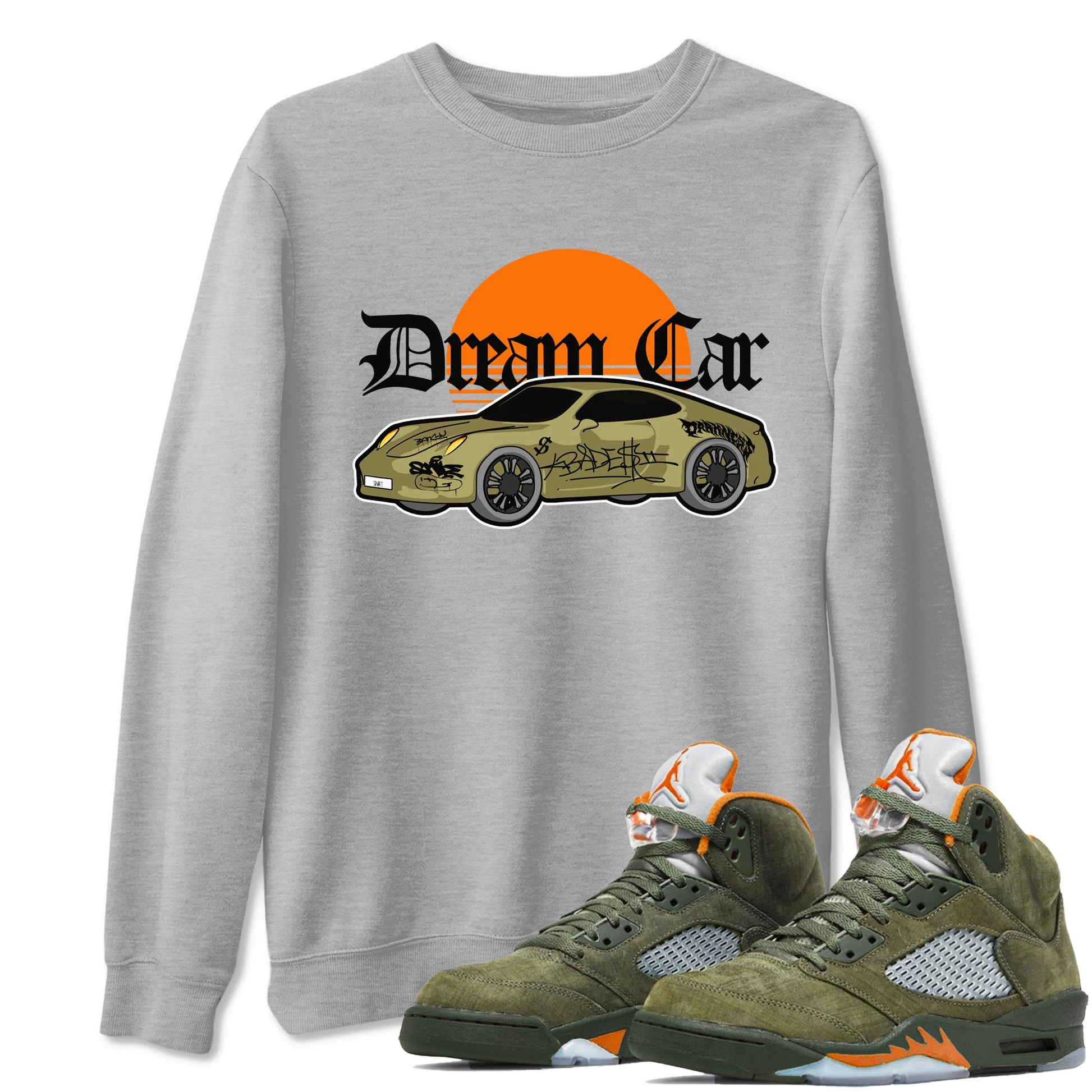 Air Jordan 5 Olive shirt to match jordans Dream Car sneaker tees AJ5 Olive SNRT Sneaker Release Tees unisex cotton Heather Grey 1 crew neck shirt