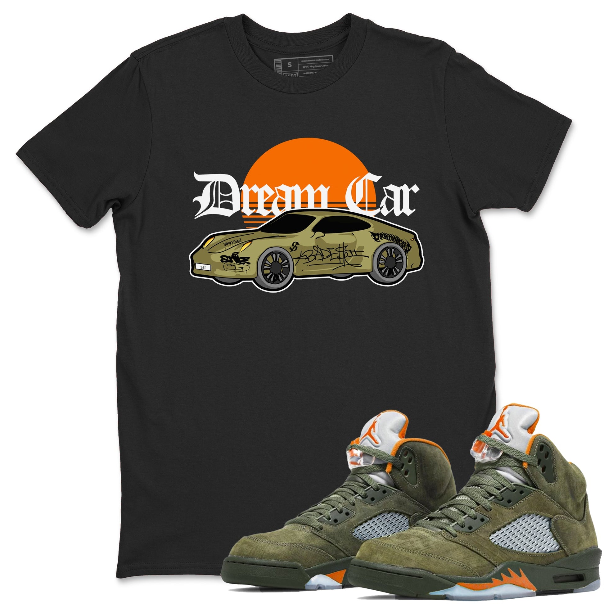 Air Jordan 5 Olive shirt to match jordans Dream Car sneaker tees AJ5 Olive SNRT Sneaker Release Tees unisex cotton Black 1 crew neck shirt