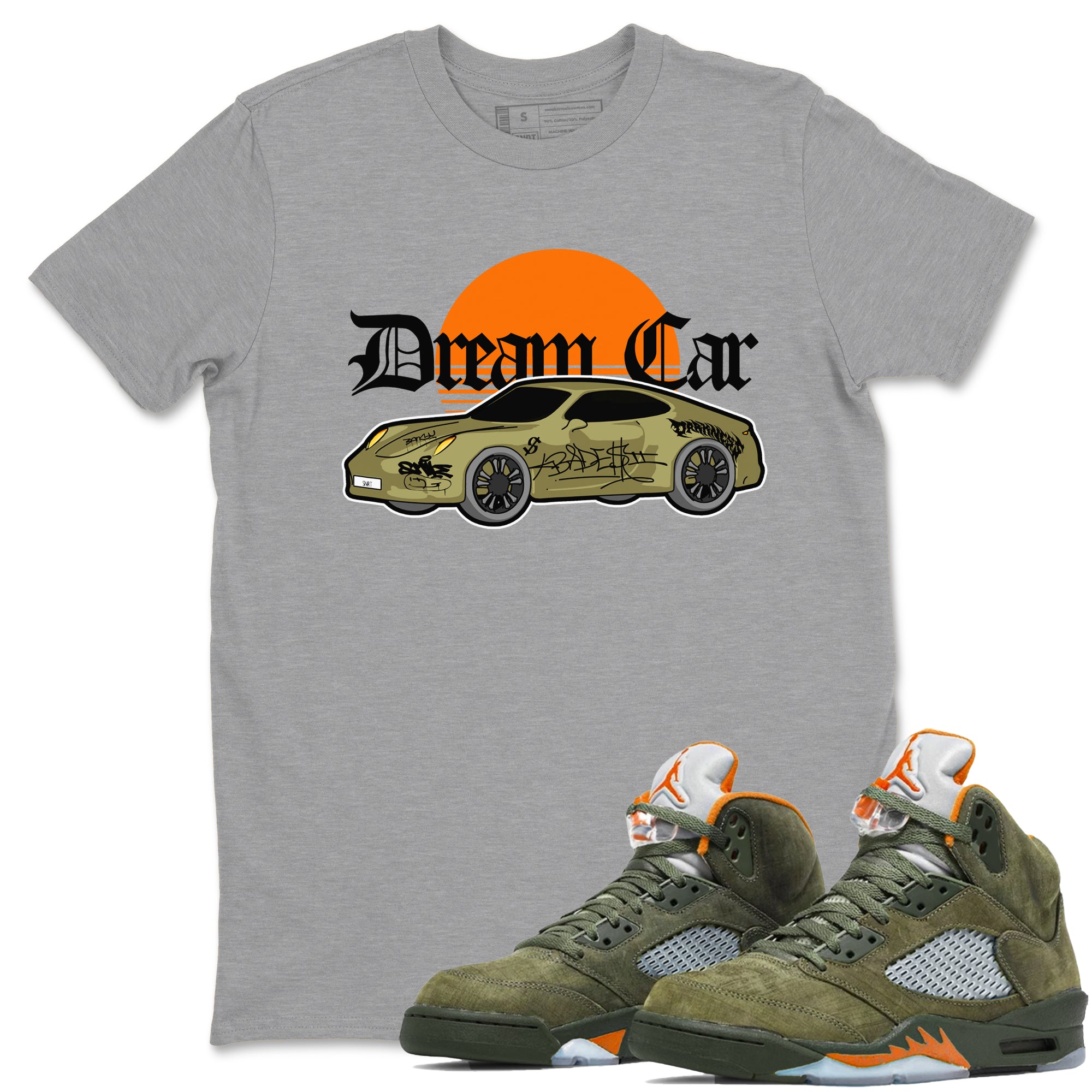Air Jordan 5 Olive shirt to match jordans Dream Car sneaker tees AJ5 Olive SNRT Sneaker Release Tees unisex cotton Heather Grey 1 crew neck shirt