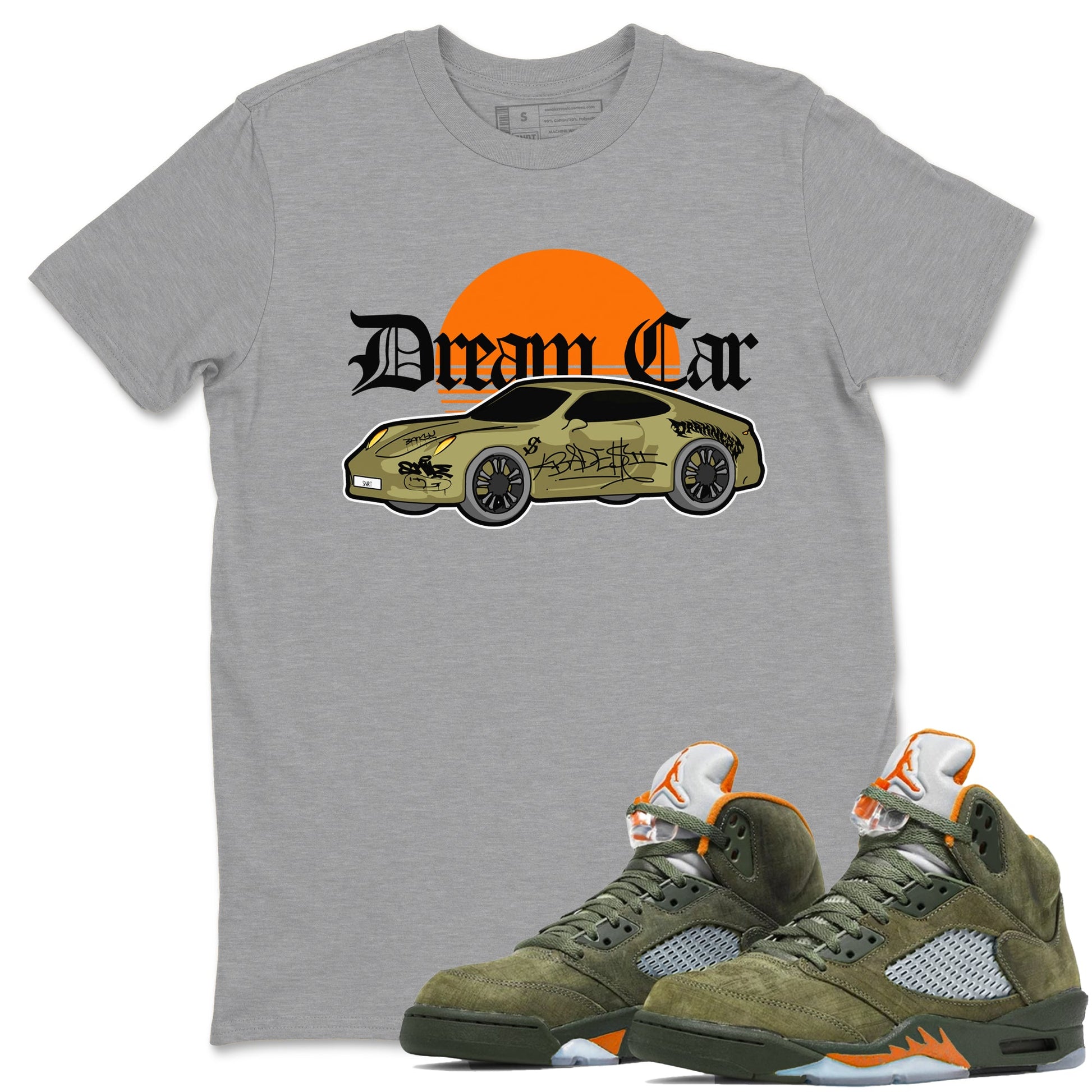 Air Jordan 5 Olive shirt to match jordans Dream Car sneaker tees AJ5 Olive SNRT Sneaker Release Tees unisex cotton Heather Grey 1 crew neck shirt