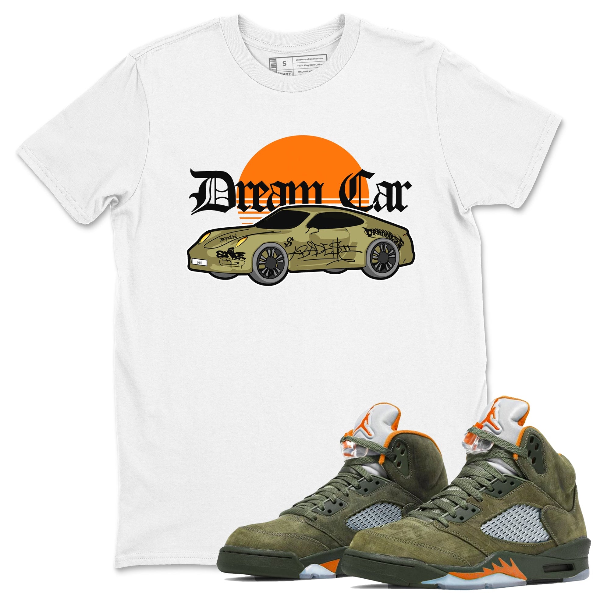 Air Jordan 5 Olive shirt to match jordans Dream Car sneaker tees AJ5 Olive SNRT Sneaker Release Tees unisex cotton White 1 crew neck shirt