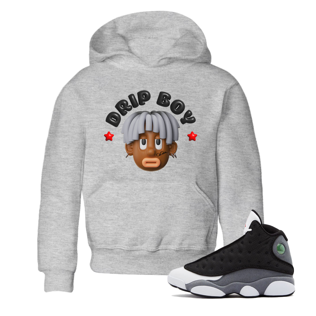 Air Jordan 13 Black Flint Sneaker Match Tees Drip Boy Sneaker Tees AJ13 Retro Black Flint Sneaker Release Tees Kids Shirts Heather Grey 1