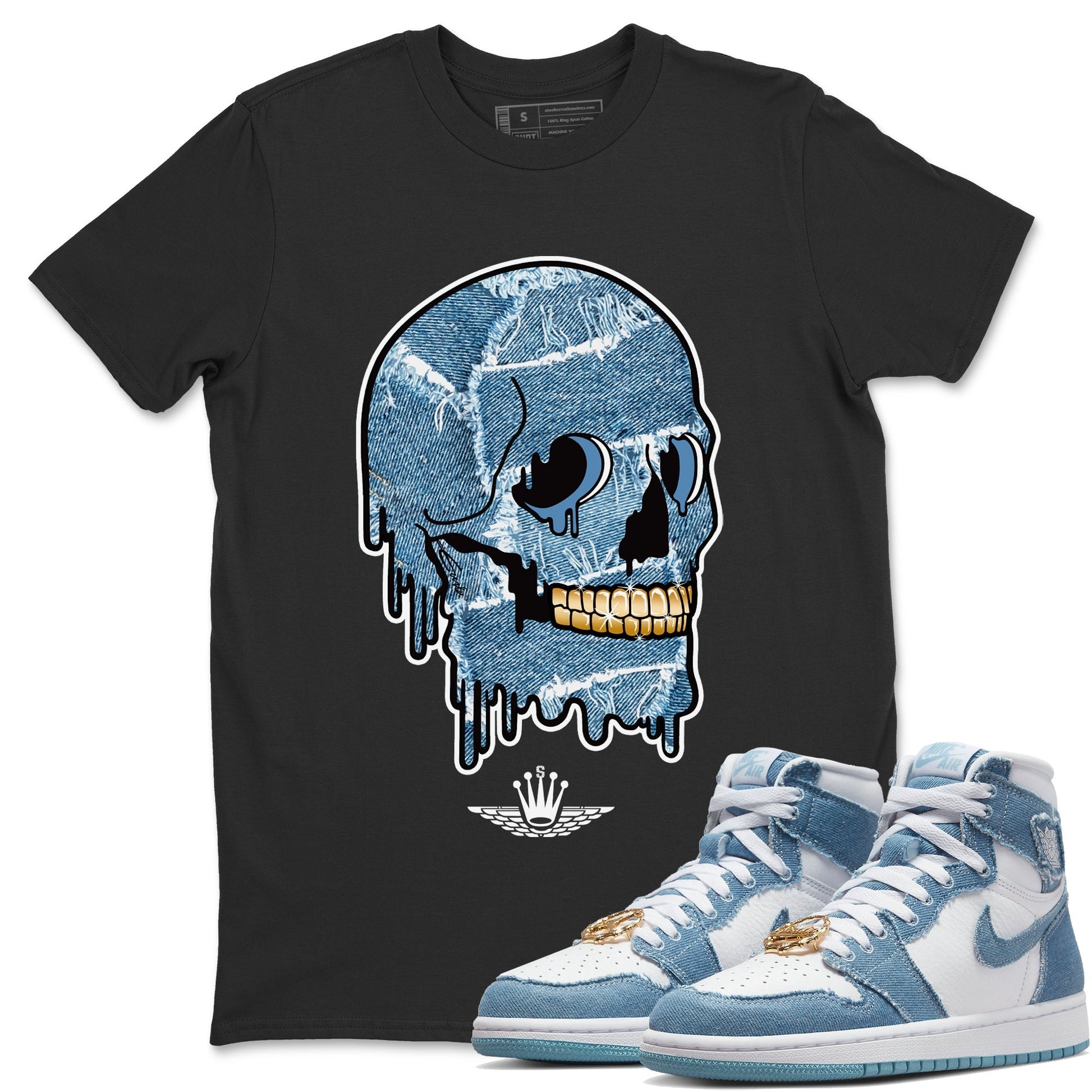 Jordan 1 Denim unique Halloween sneaker tee Dripping Camo Skull Sneaker Tees Jordan 1 Denim Sneaker Release Tees Unisex Shirts