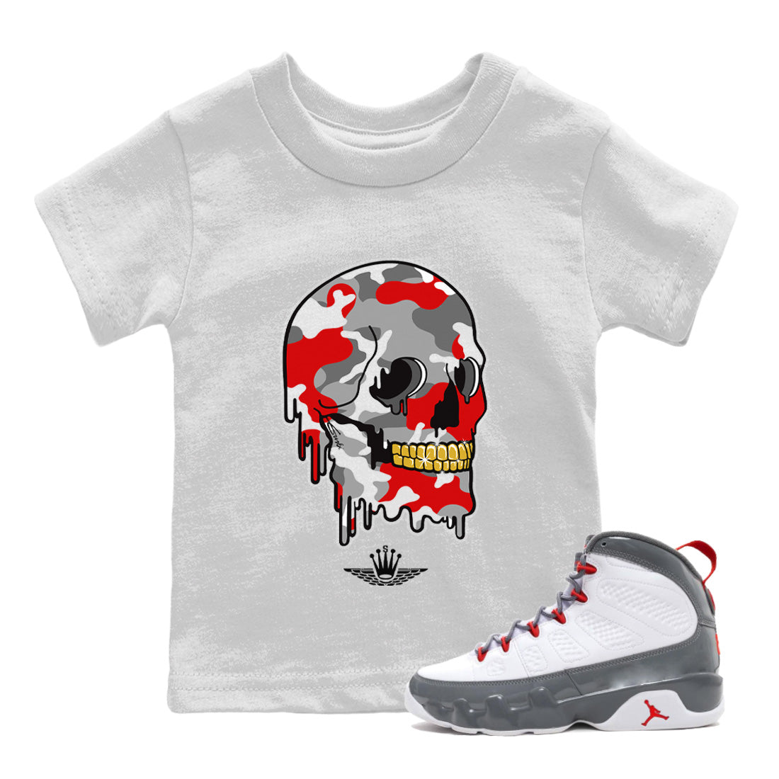 Jordan 9 Fire Red unique Halloween sneaker tee Dripping Camo Skull Sneaker Tees Jordan 9 Fire Red Sneaker Release Tees Kids Shirts