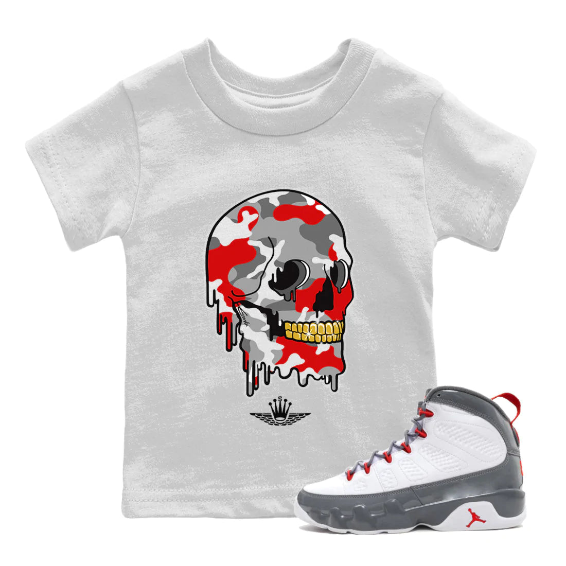 Jordan 9 Fire Red Sneaker Match Tees Dripping Camo Skull Sneaker Tees Jordan 9 Fire Red Sneaker Release Tees Kids Shirts