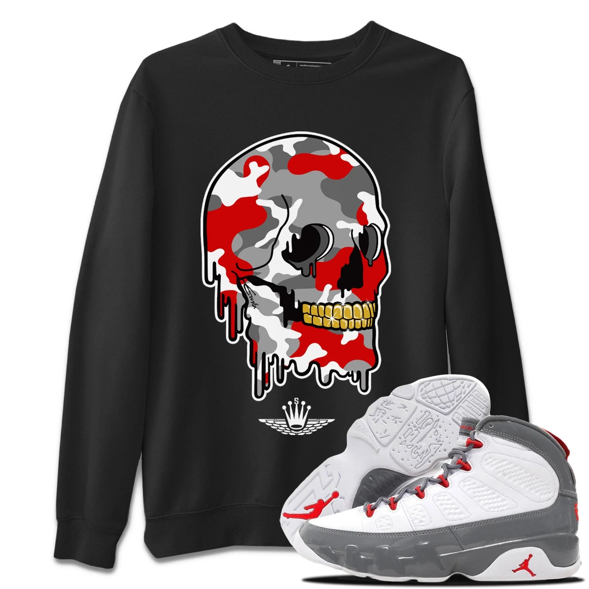 Jordan 9 Fire Red unique Halloween sneaker tee Dripping Camo Skull Sneaker Tees Jordan 9 Fire Red Sneaker Release Tees Unisex Shirts