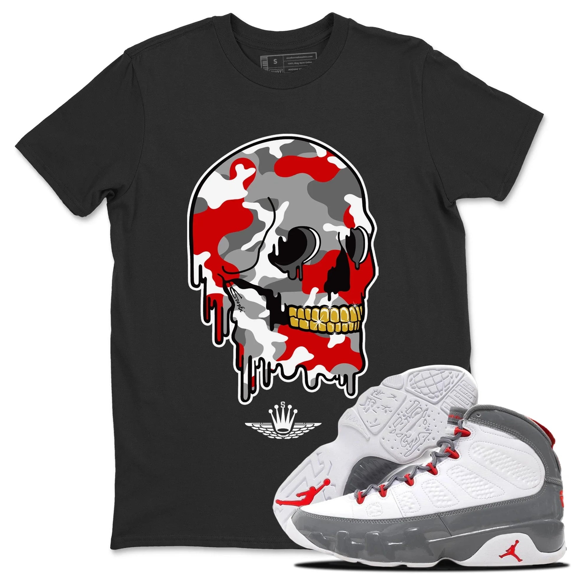 Jordan 9 Fire Red unique Halloween sneaker tee Dripping Camo Skull Sneaker Tees Jordan 9 Fire Red Sneaker Release Tees Unisex Shirts