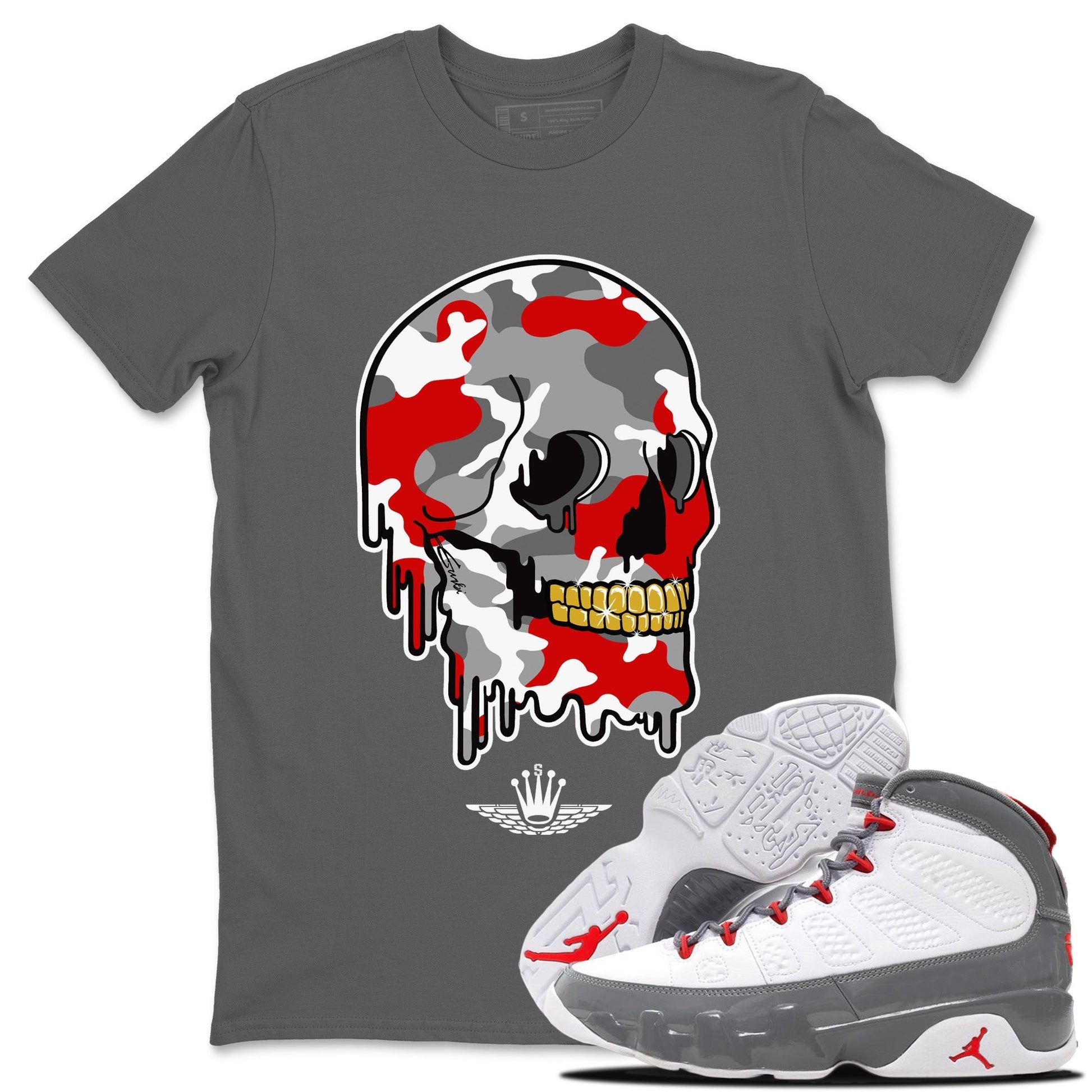 Jordan 9 Fire Red unique Halloween sneaker tee Dripping Camo Skull Sneaker Tees Jordan 9 Fire Red Sneaker Release Tees Unisex Shirts