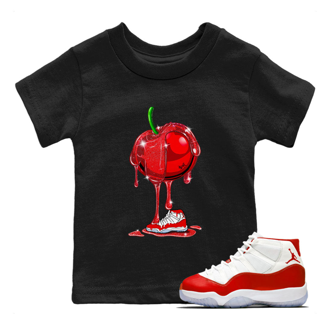 Air Jordan 11 Cherry Sneaker Match Tees Dripping Cherries Sneaker Tees 11s Retro Cherry SNRT Sneaker Release Tees Kids and Baby Youth Shirts Black 1