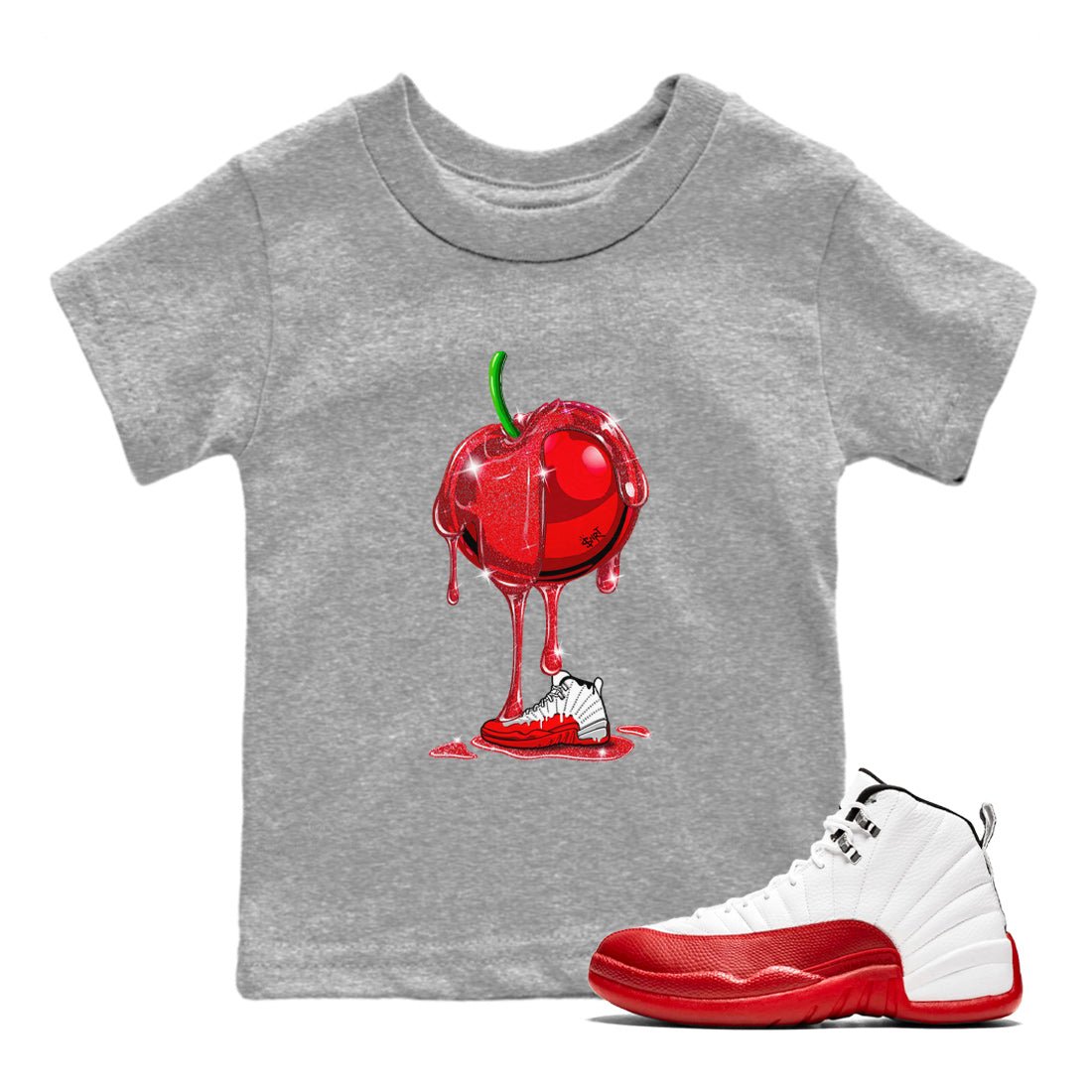 Air Jordan 12 Cherry Sneaker Match Tees Dripping Cherries Sneaker Tees Air Jordan 12 Cherry SNRT Sneaker Release Tees Kids and Baby Youth Shirts Heather Grey 1
