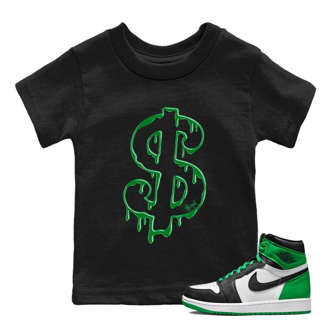 Air Jordan 1 Celtics Sneaker Match Tees Dripping Dollar Sneaker Tees Air Jordan 1 High OG Celtics Sneaker Release Tees Kids Shirts Black 1