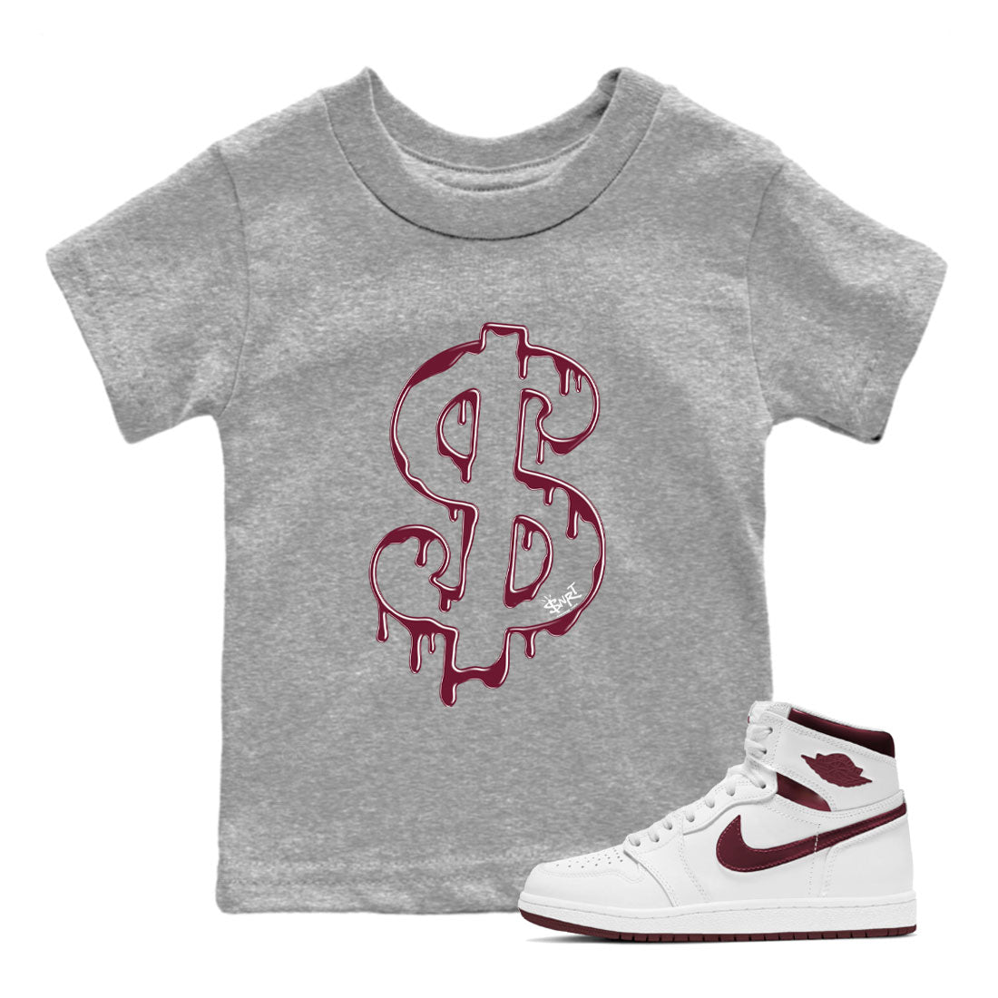 AJ1 Metallic Burgundy shirt to match jordans Dripping Dollar sneaker match tee Air Jordan 1 Metallic Burgundy SNRT Sneaker Tees baby toddler Heather Grey 1 cotton Shirt